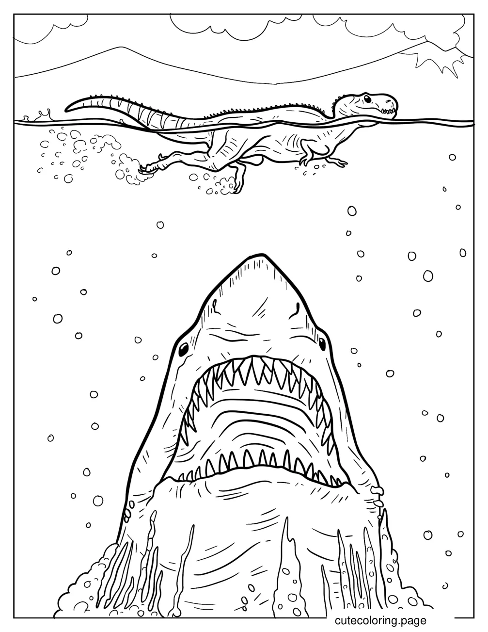 Megalodon Preying On Swimming T Rex Coloring Sheet coloring page