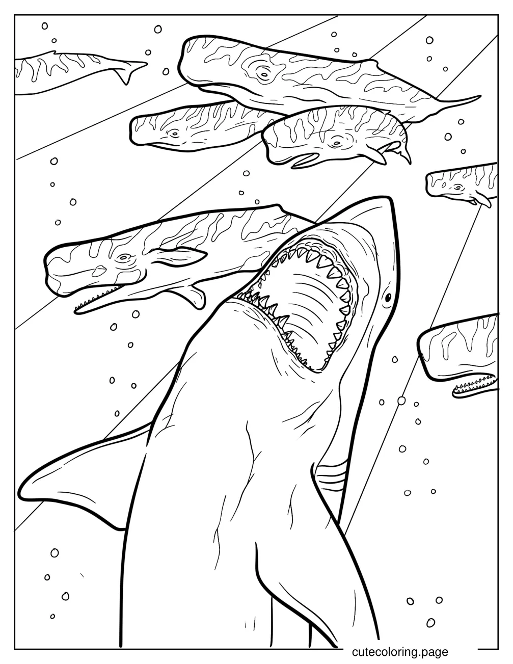 Megalodon Swimming With Sperm Whales Coloring Page coloring page