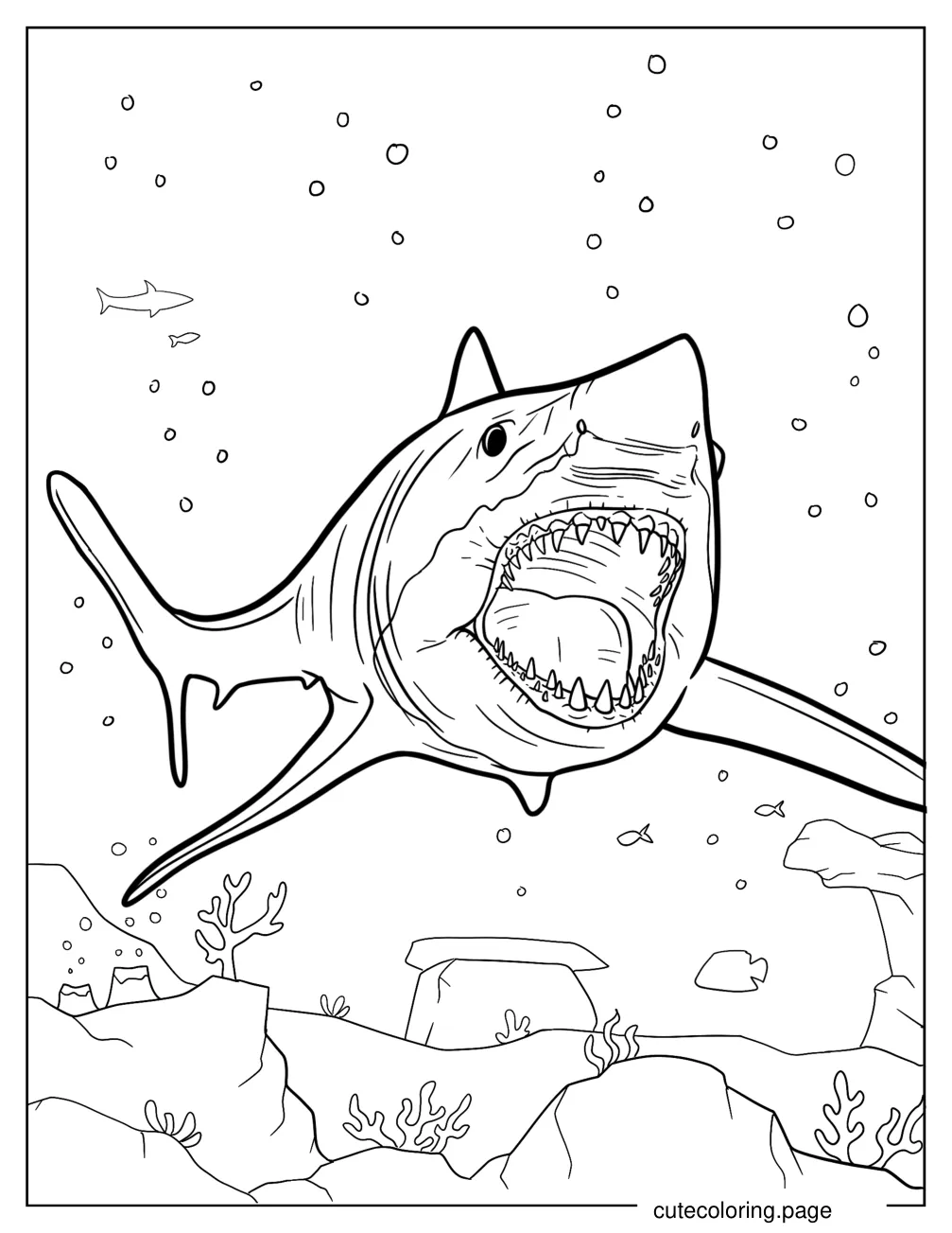 Scary Megalodon With Open Mouth Coloring Page For Kids coloring page