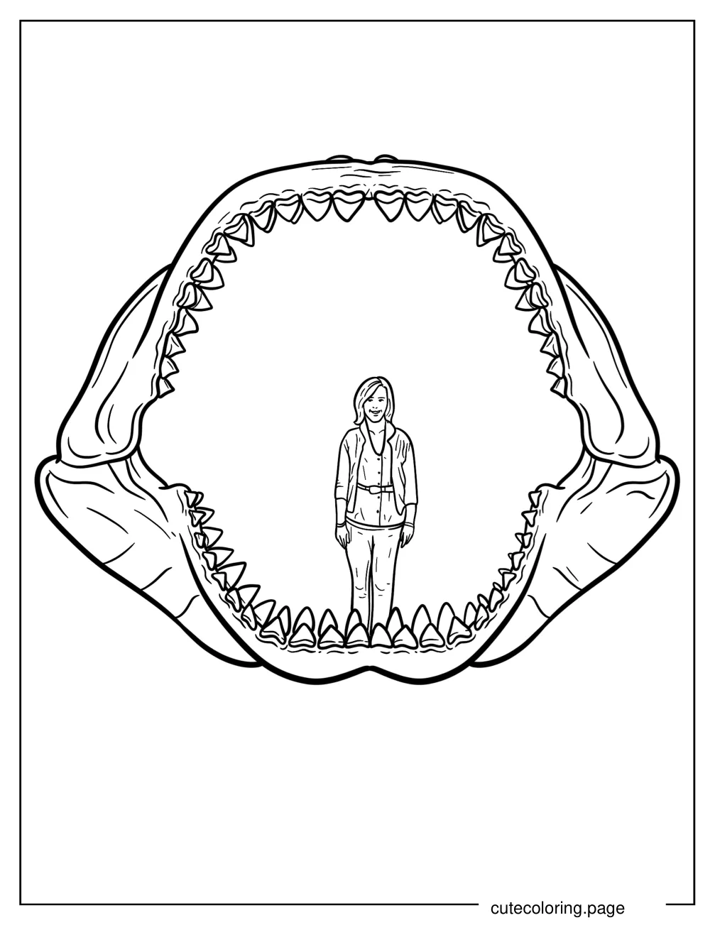 Woman Standing Inside A Megalodon Mouth Skeleton coloring page