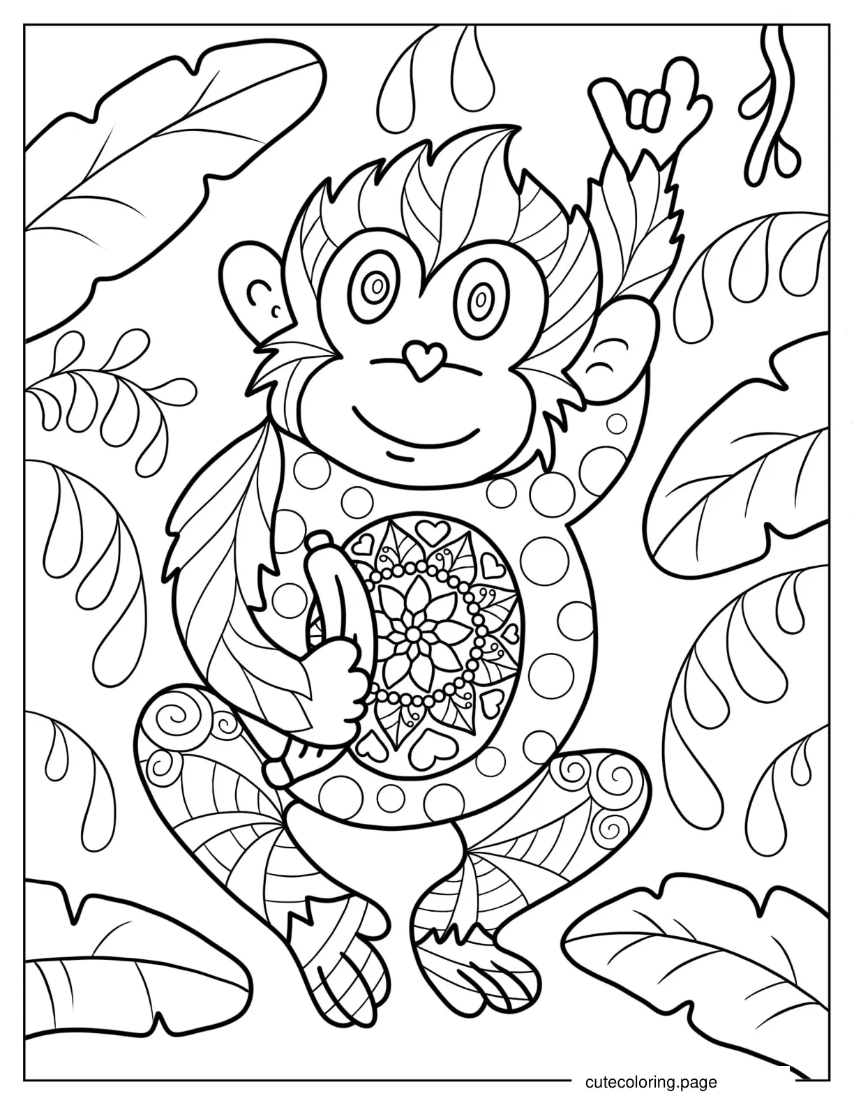 Monkey Mandala Holding Banana Coloring Page For Kids coloring page