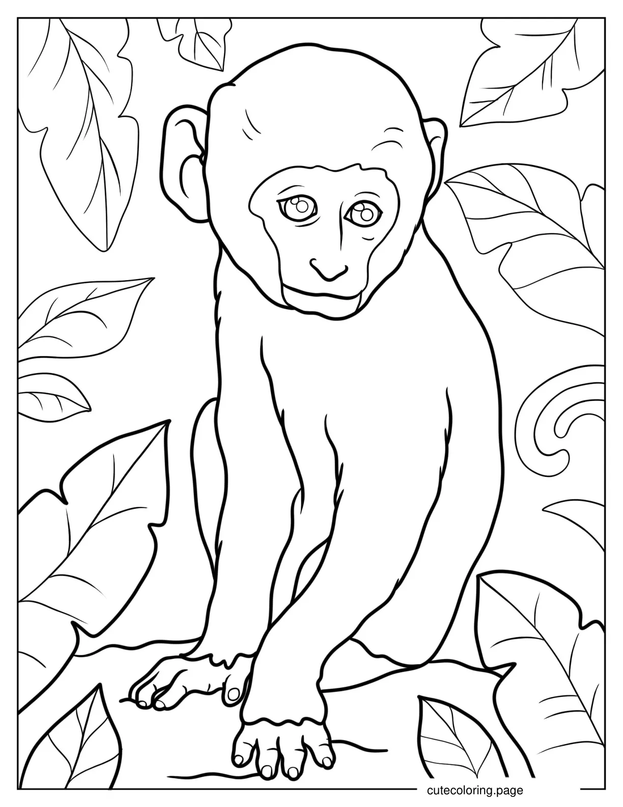 Realistic Baby Monkey Sitting On Ground Coloring Page coloring page