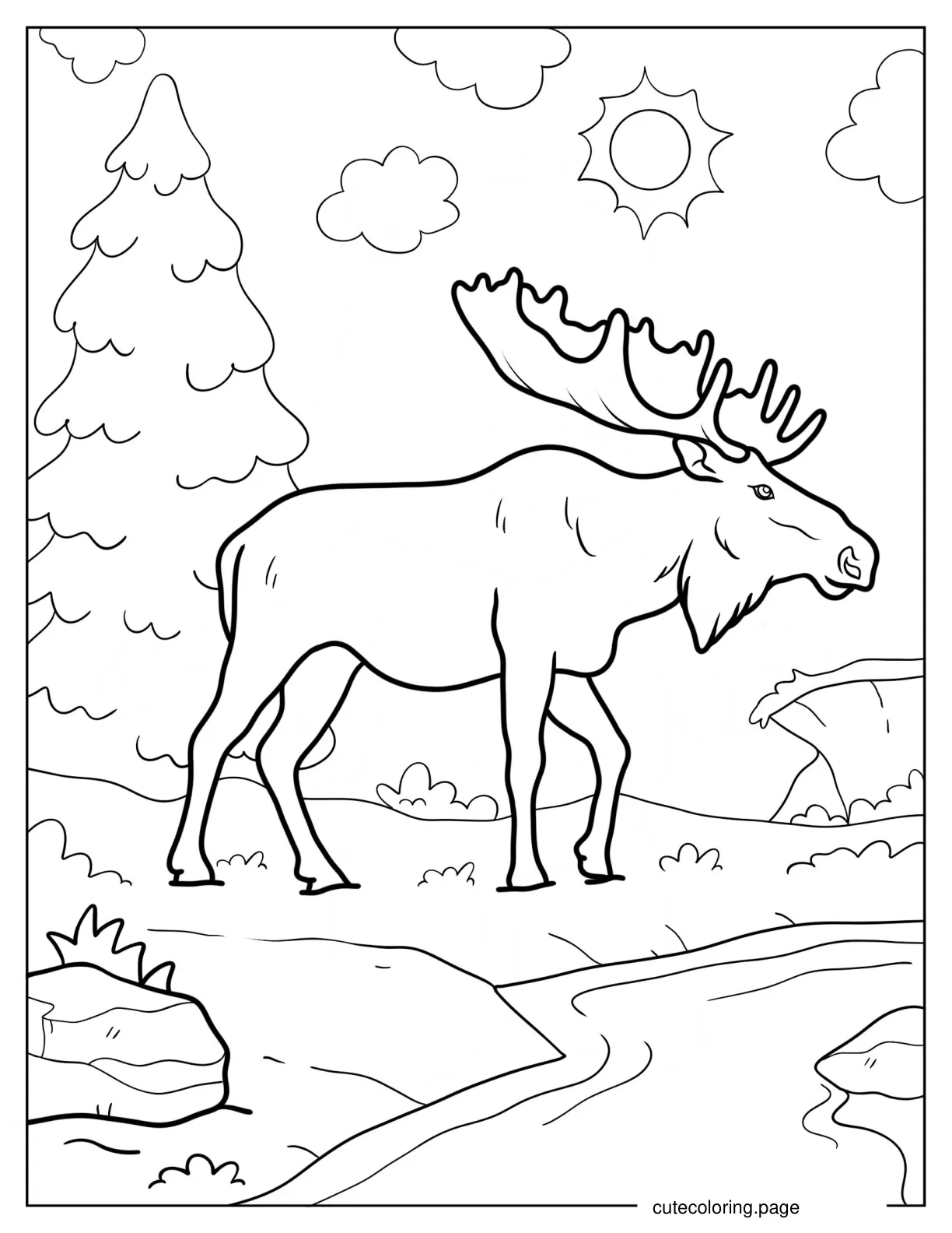 Adult Moose Approaching River Coloring Page coloring page