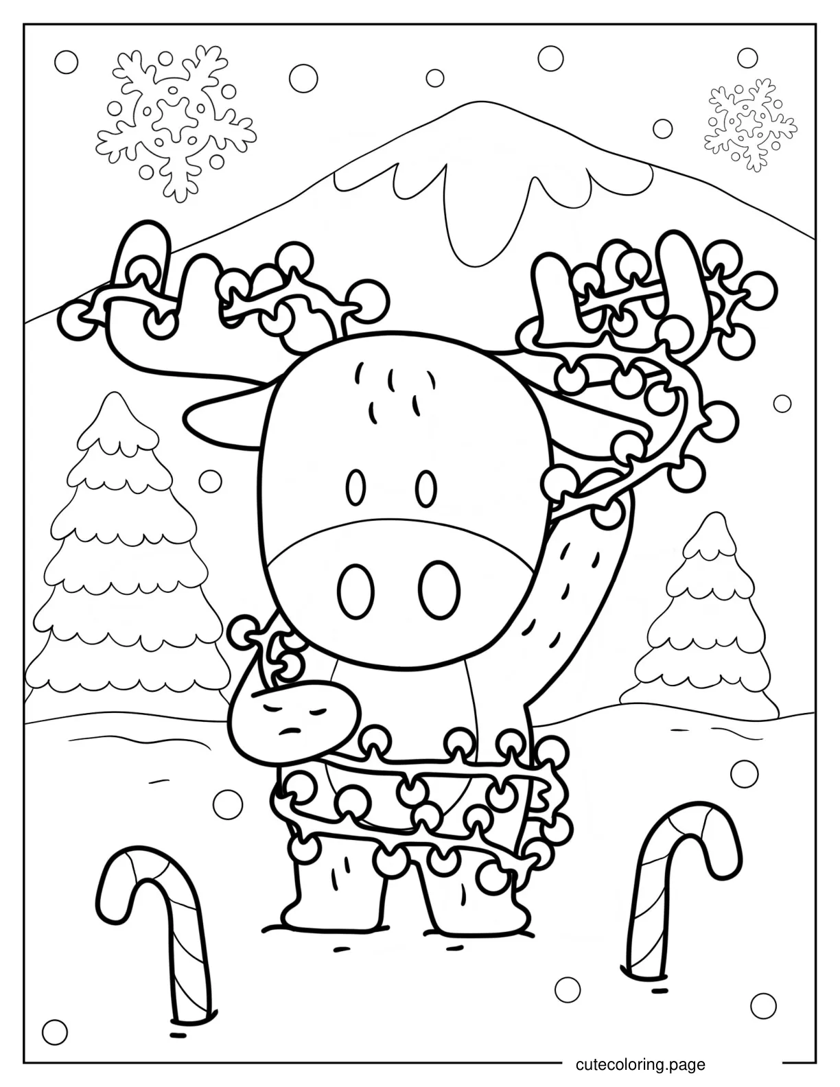 Cartoon Moose Wrapped In Christmas Lights In Winter coloring page