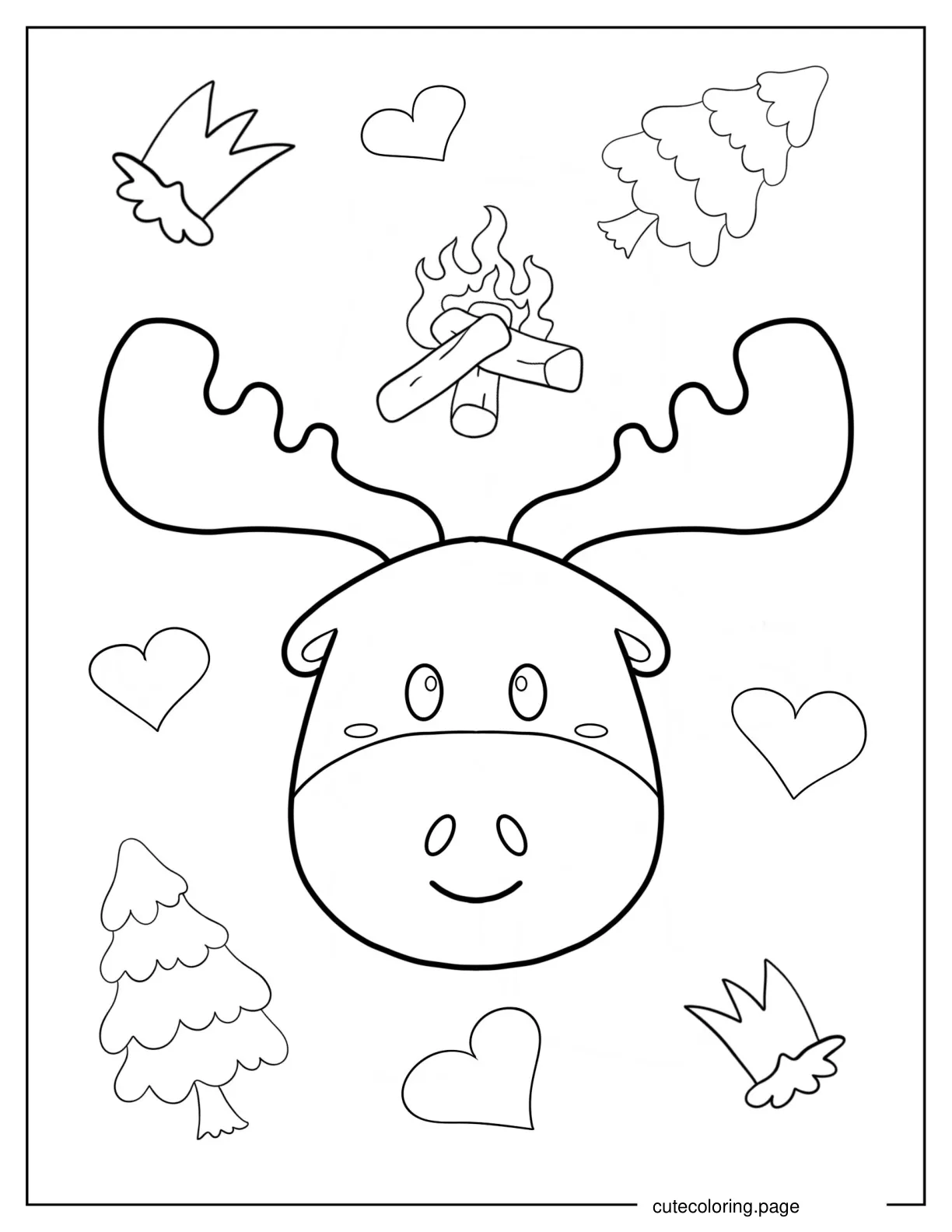 Cute Moose Face With Hearts Trees And Bonfire Background coloring page