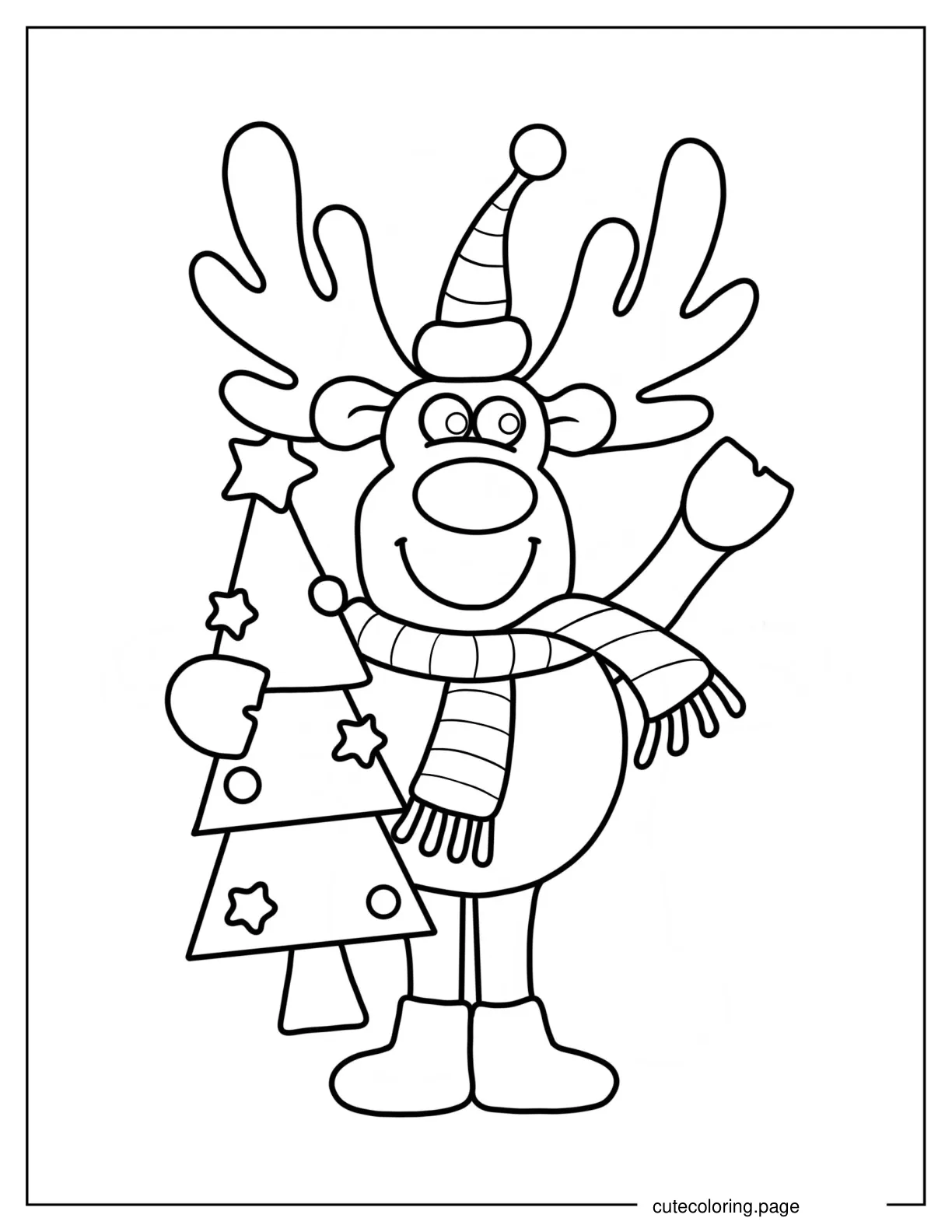 Kawaii Moose In Santa Hat Holding Christmas Tree Coloring Sheet For Kids coloring page