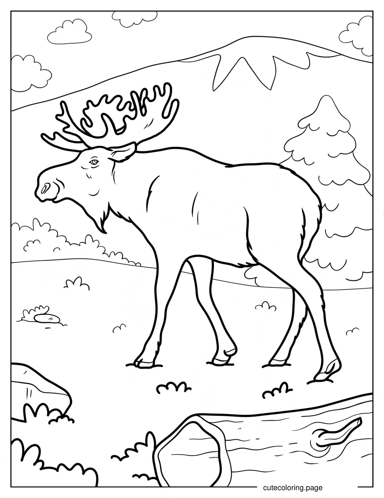 Large Realistic Moose Walking In Forest Coloring Page coloring page