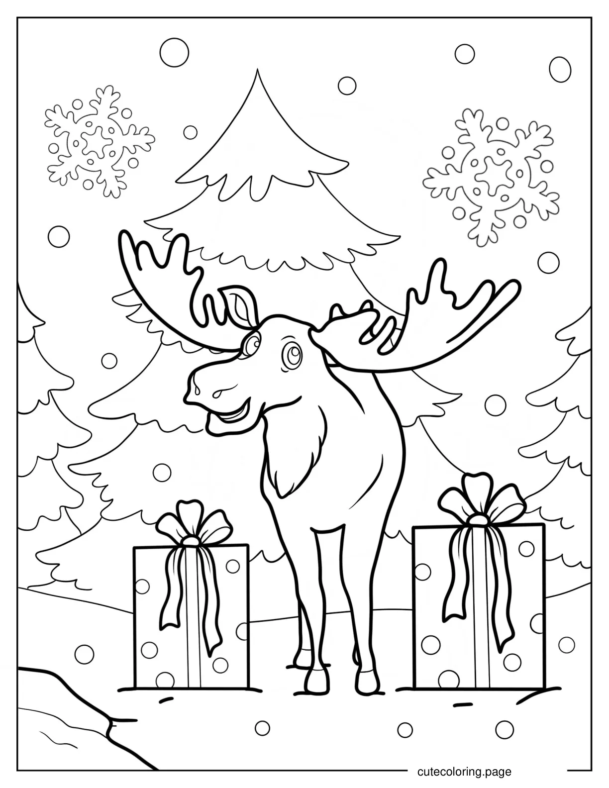 Moose In Winter Wonderland With Christmas Presents Coloring Page coloring page