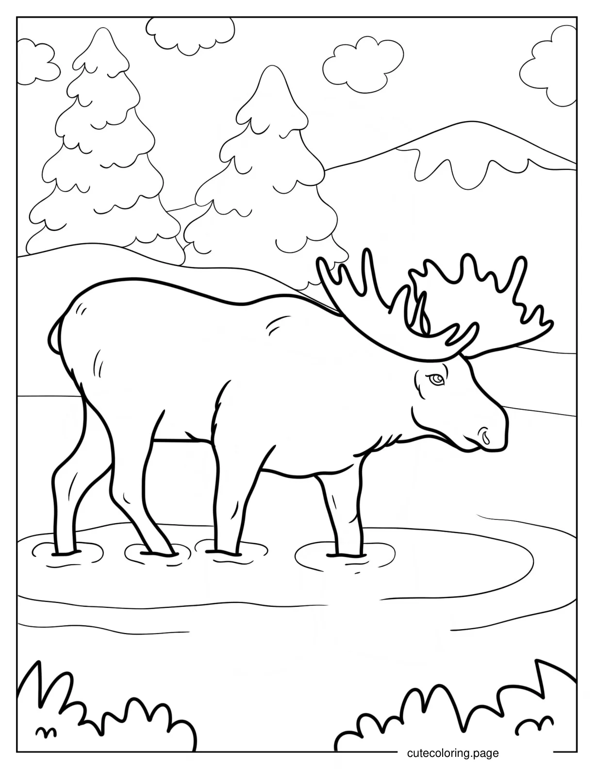 Moose Walking In Shallow Waters coloring page