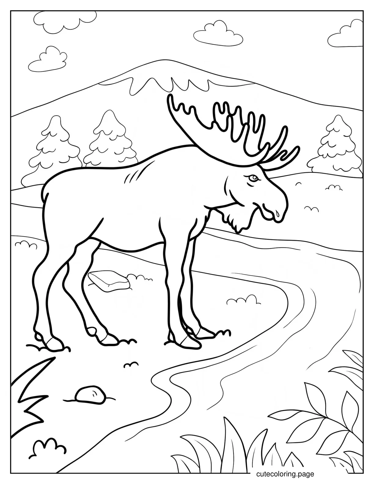 Realistic Moose Standing In Front Of Stream Coloring Page coloring page