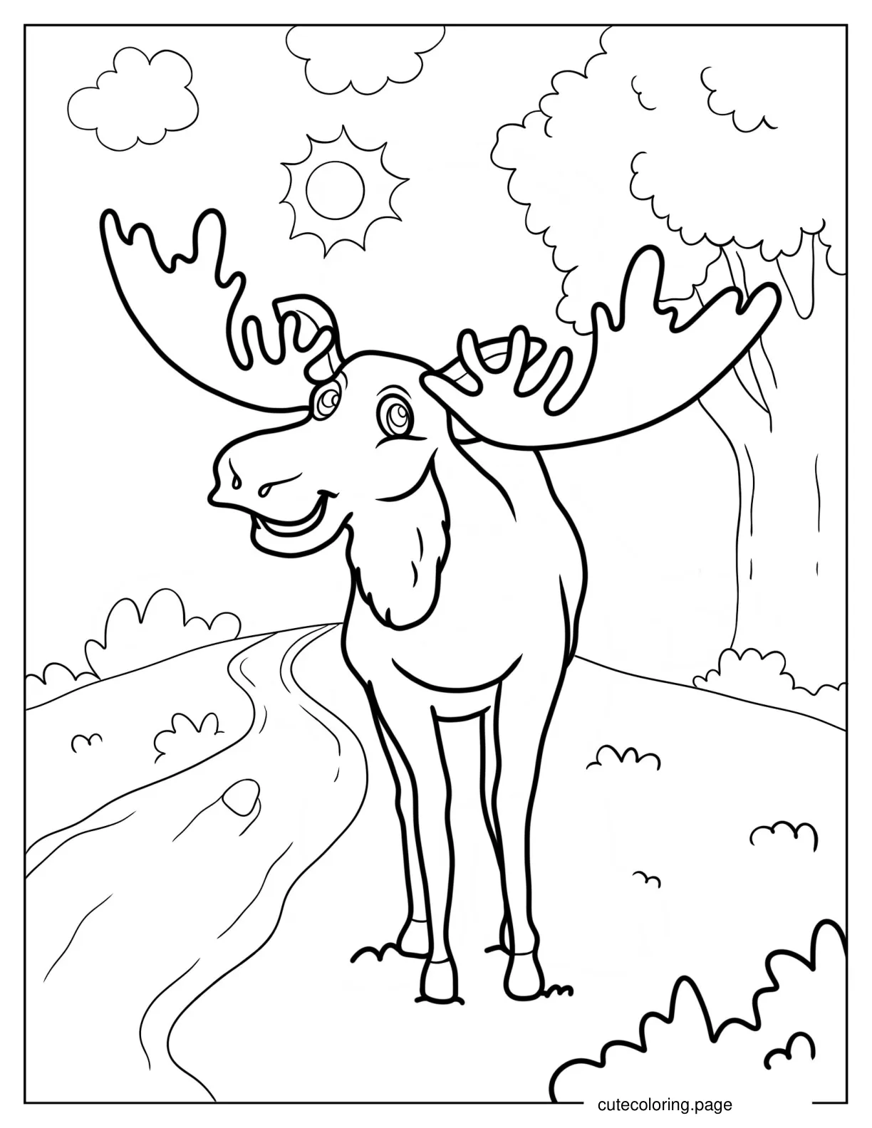 Smiling Cartoon Moose Standing Under The Sun Coloring Sheet coloring page