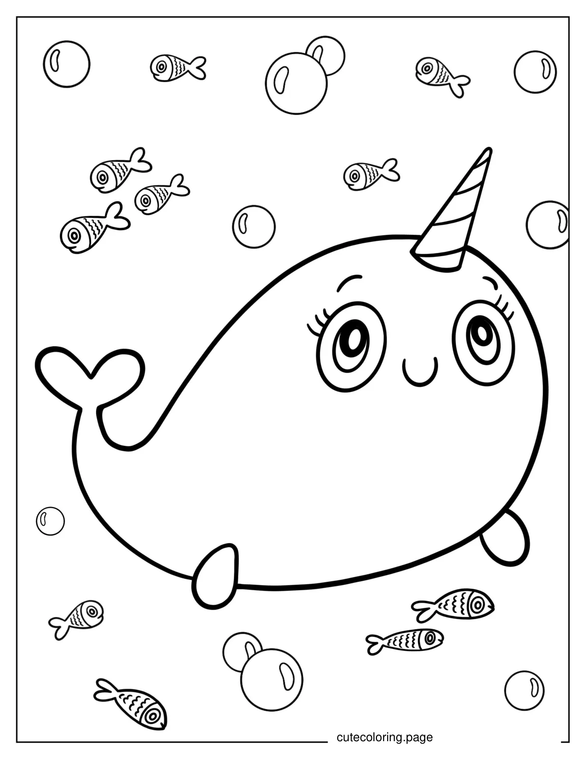 Adorable Kawaii Narwhal Swimming With Fishes coloring page