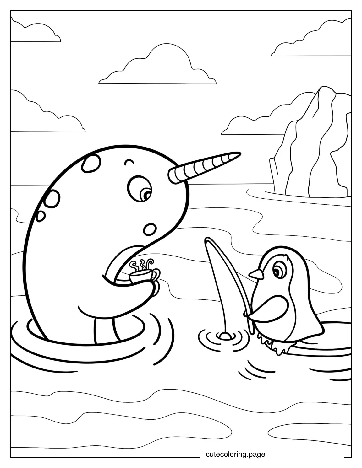 Cartoon Narwhal With Penguin Friend To Color coloring page