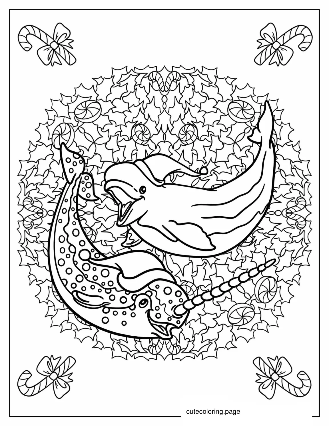 Christmas Wreath With Narwhals To Color coloring page