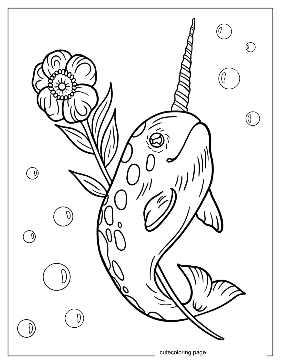 Cute Narwhal With Flower To Color coloring page