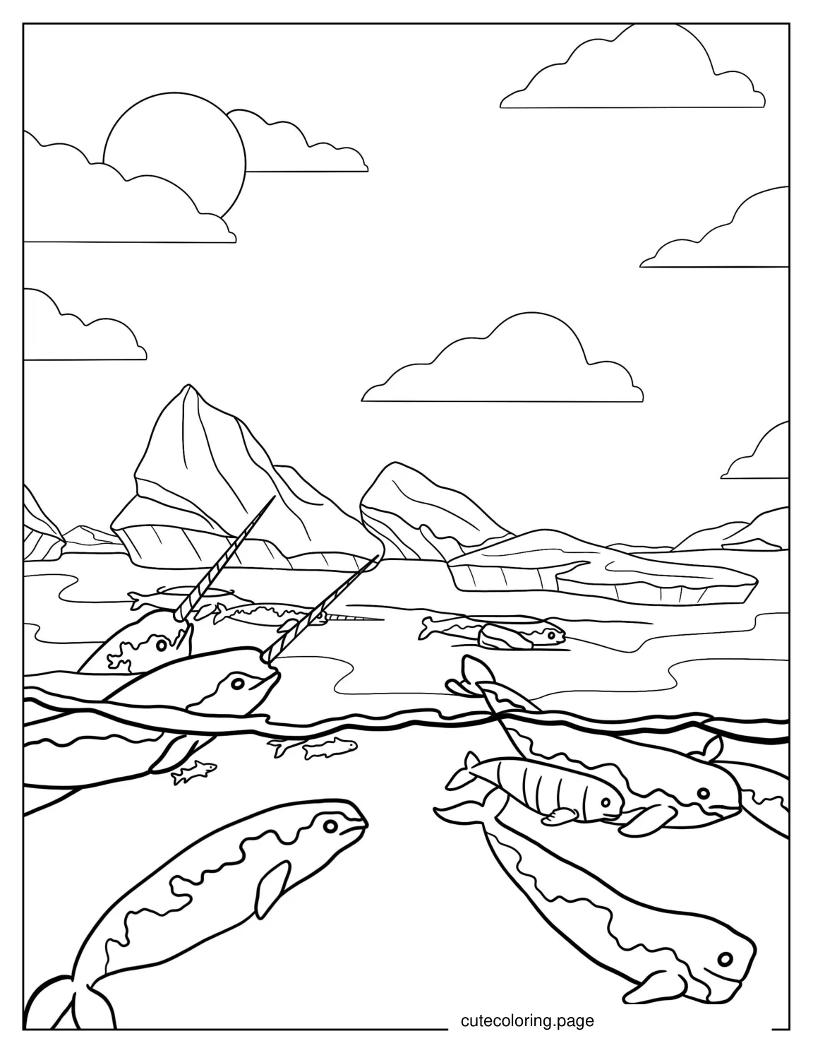 Detailed Narwhals In The Arctic To Color coloring page