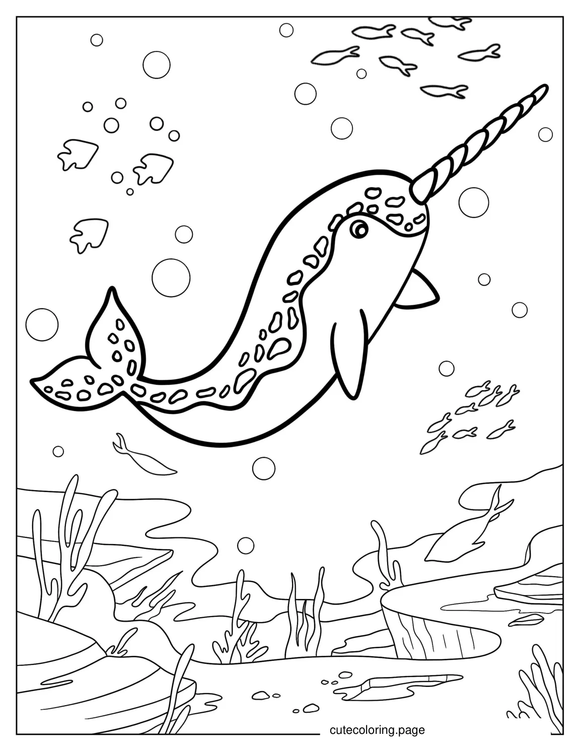 Narwhal Swimming Underwater With Aquatic Life coloring page