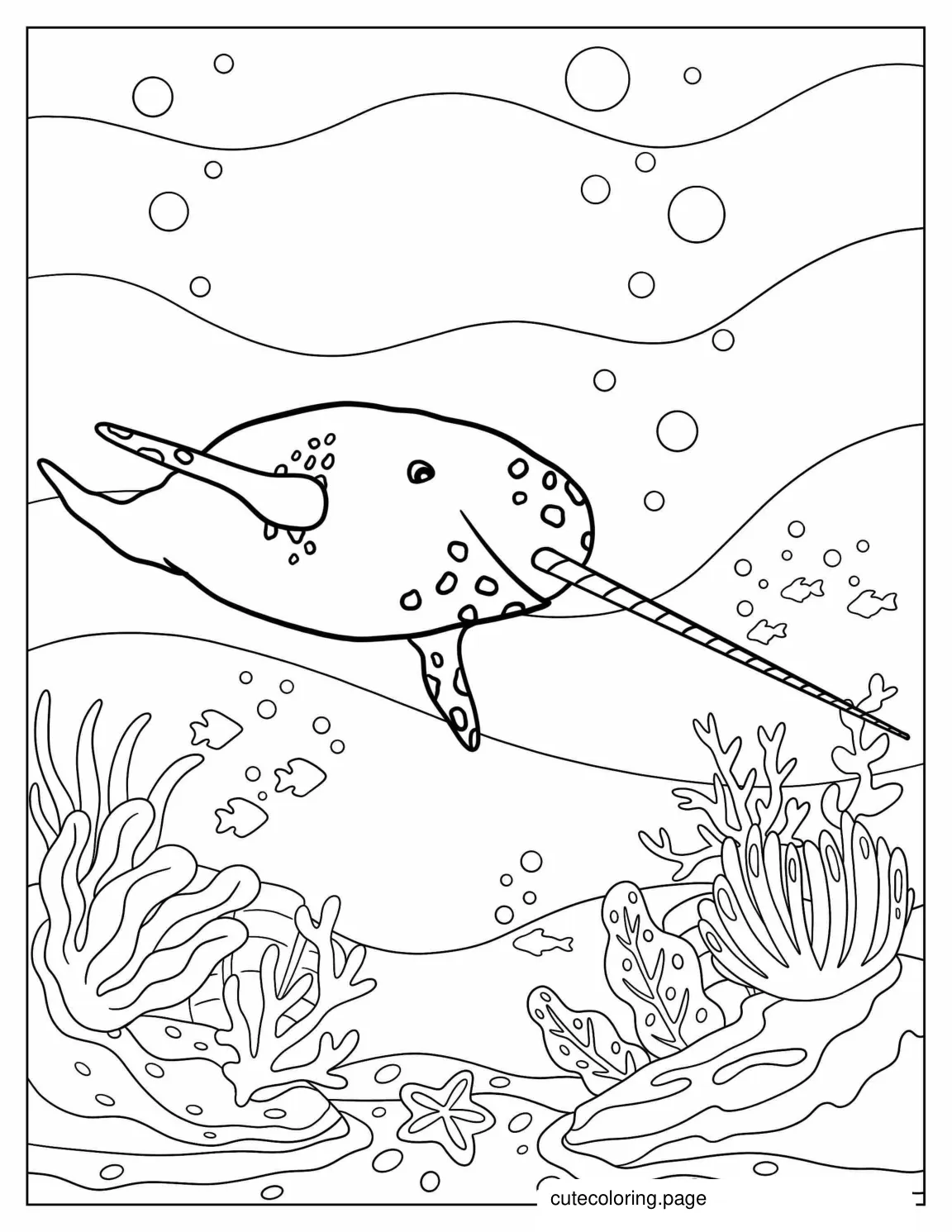 Realistic Narwhal With Long Tusk To Color coloring page