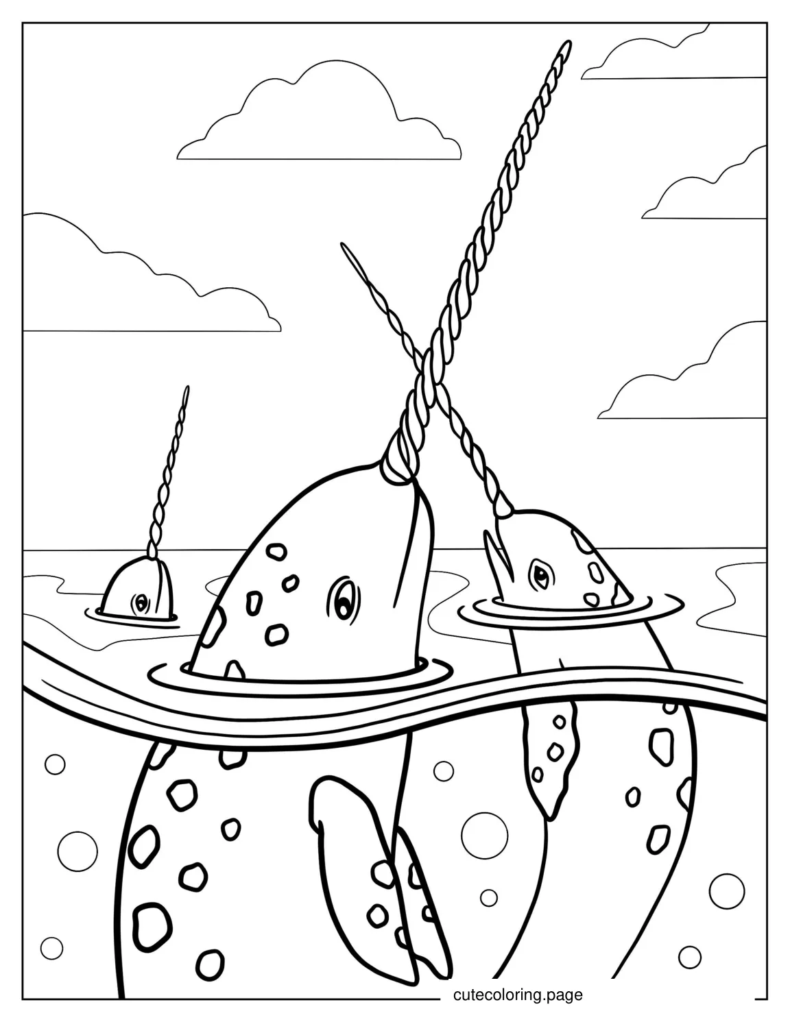 Three Realistic Narwhal Whales Emerging From Water 1 coloring page