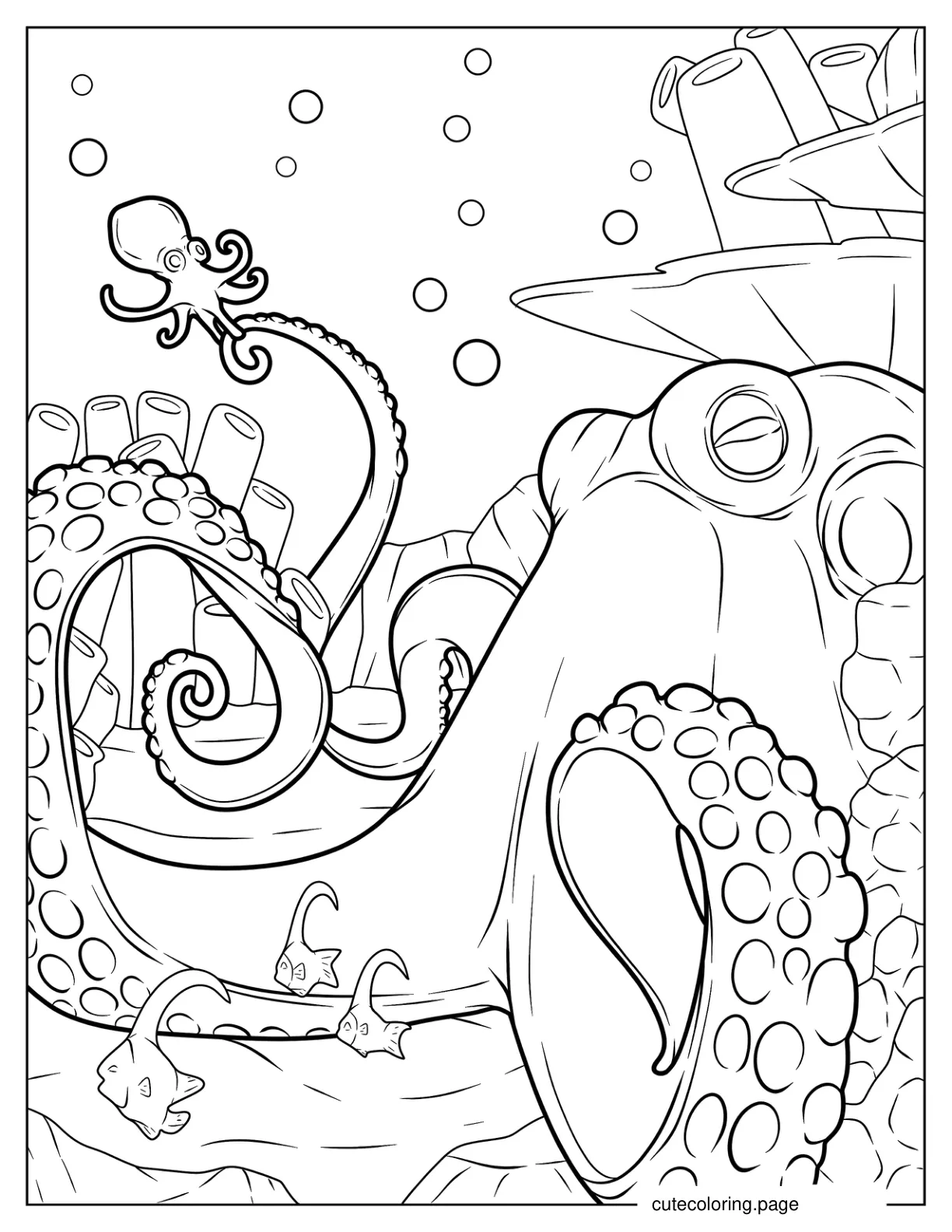 Baby Octopus Waking Mama Octopus Coloring Sheet coloring page