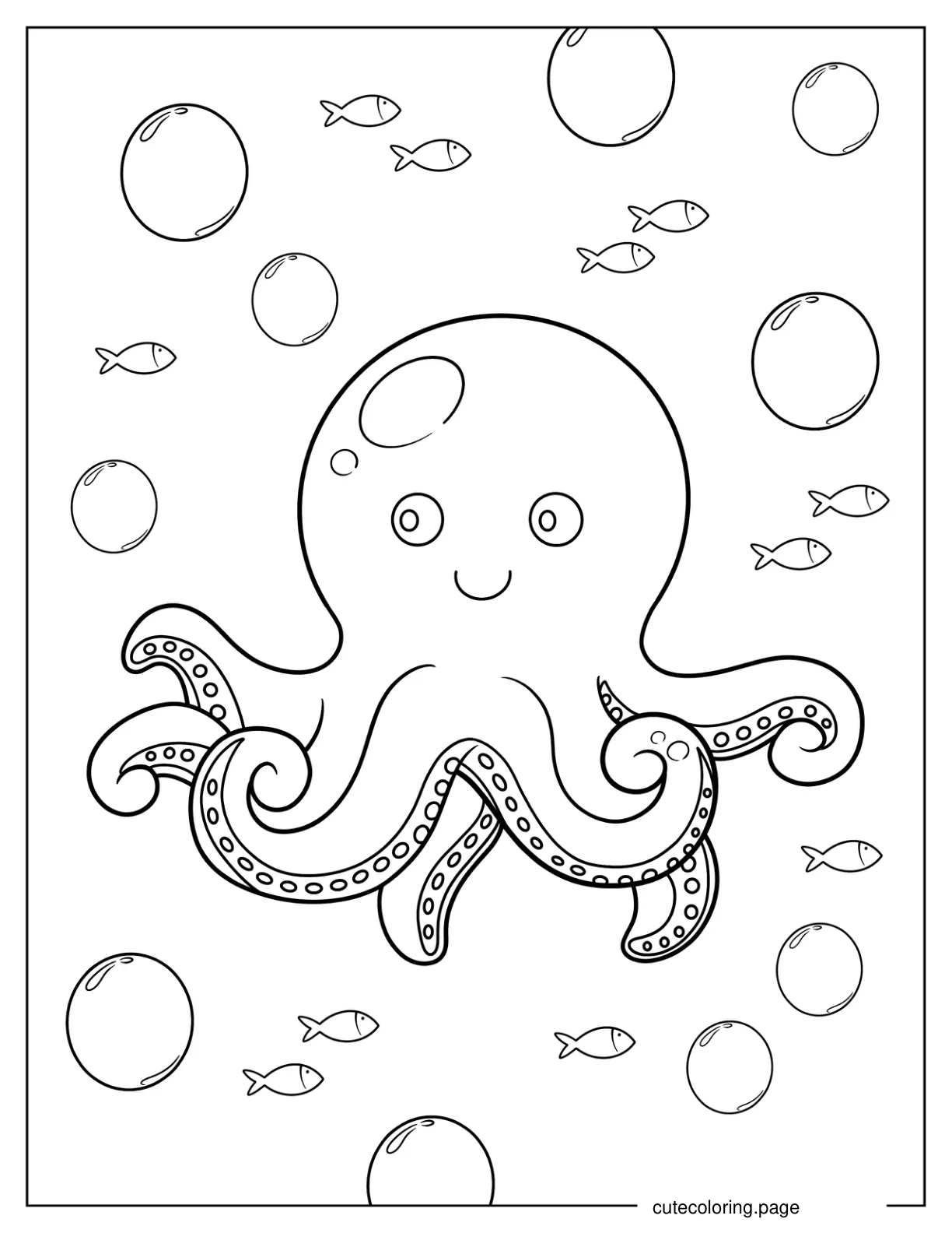 Chibi Octopus Swimming With Fish Coloring Sheet coloring page