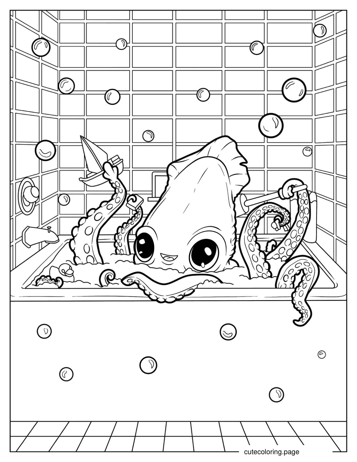 Cute Baby Octopus Having Bubble Bath coloring page