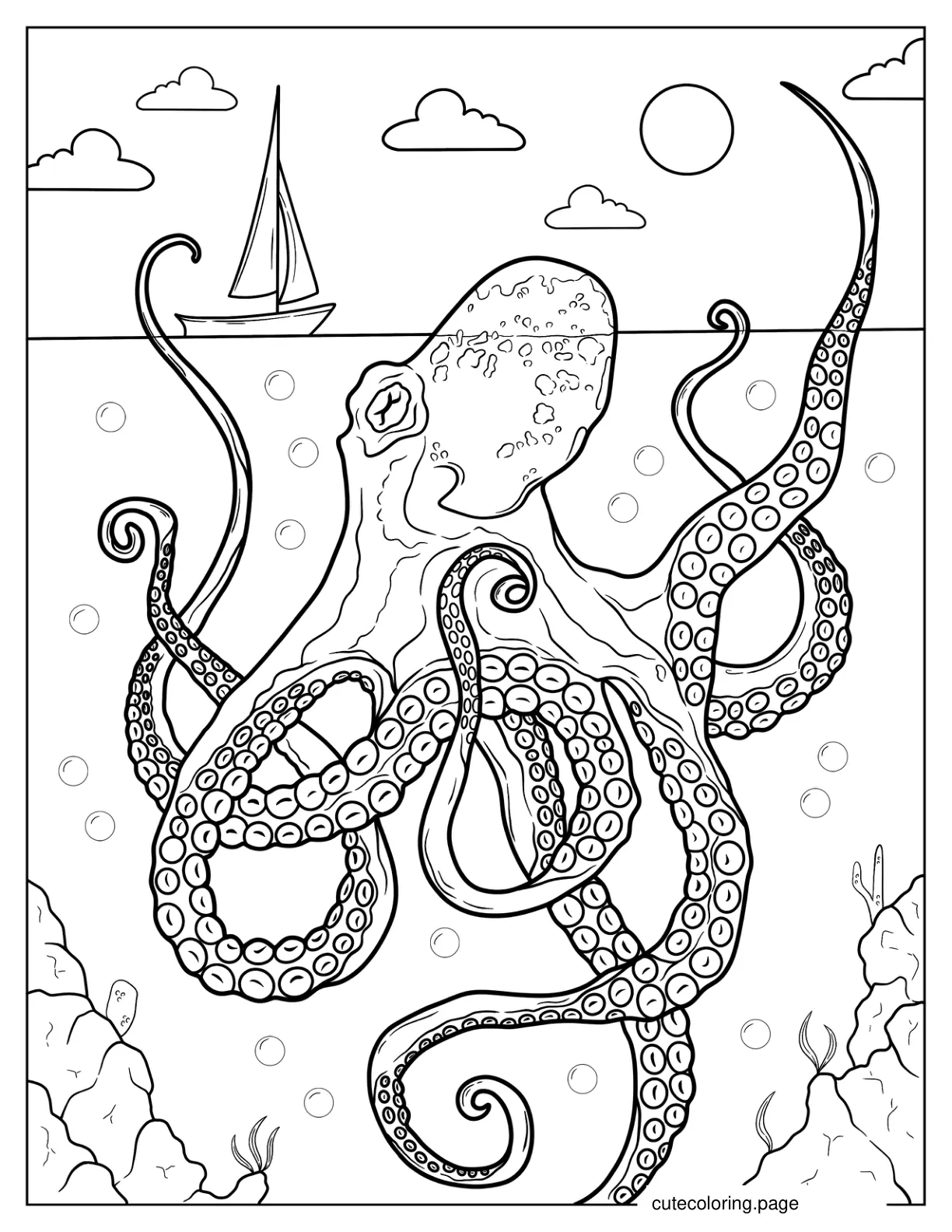 Gian Octopus Peering At Boat Coloring Sheet coloring page