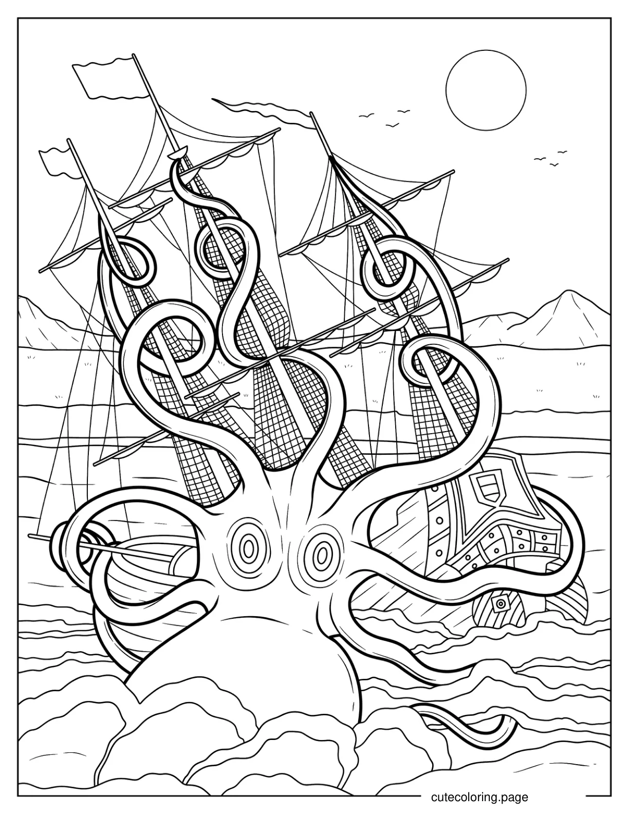 Giant Octopus Capturing Ship Coloring Page coloring page