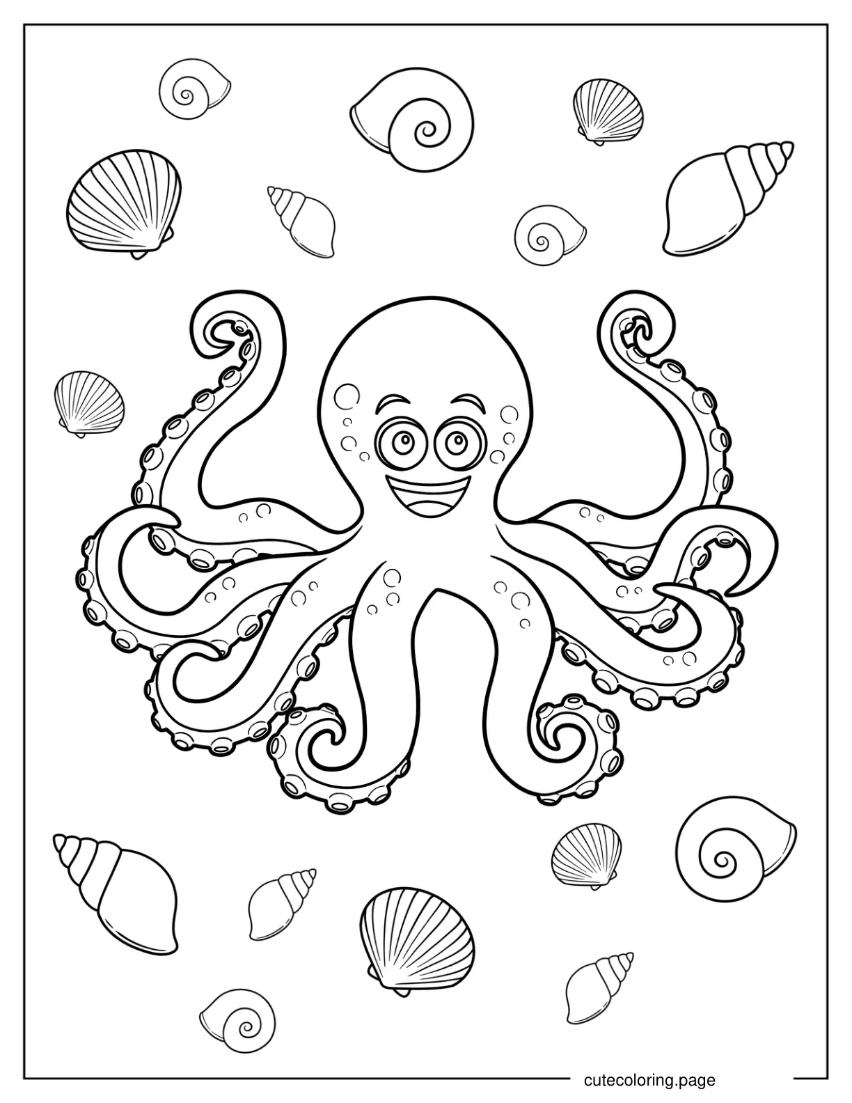 Grinning Cartoon Octopus In The Sea With Shells coloring page