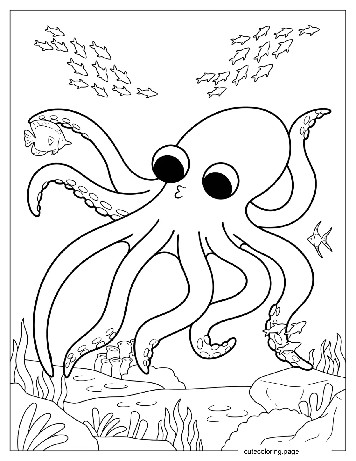 Kawaii Octopus Swimming With Fish Coloring Sheet coloring page