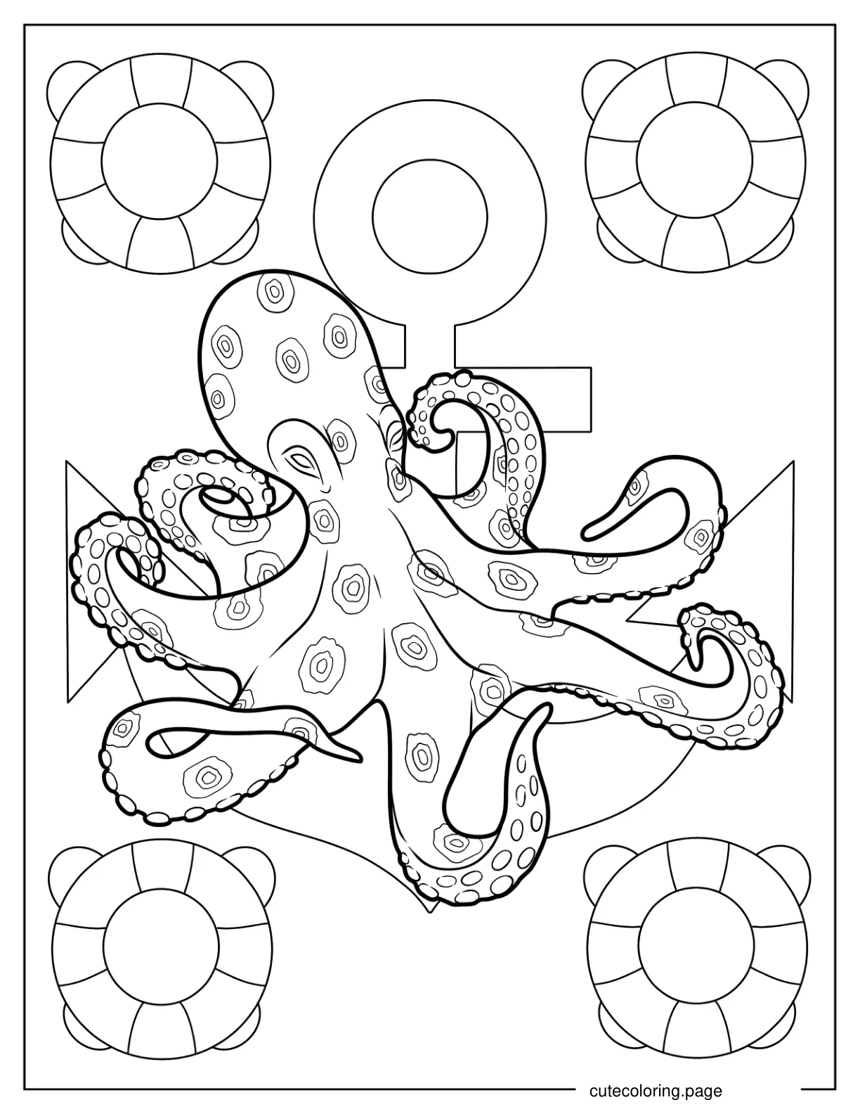 Octopus With Detailed Tentacles In Nautical Background coloring page