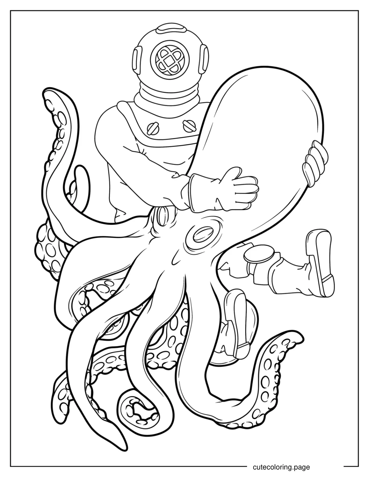 Vintage Diver Holding Octopus coloring page