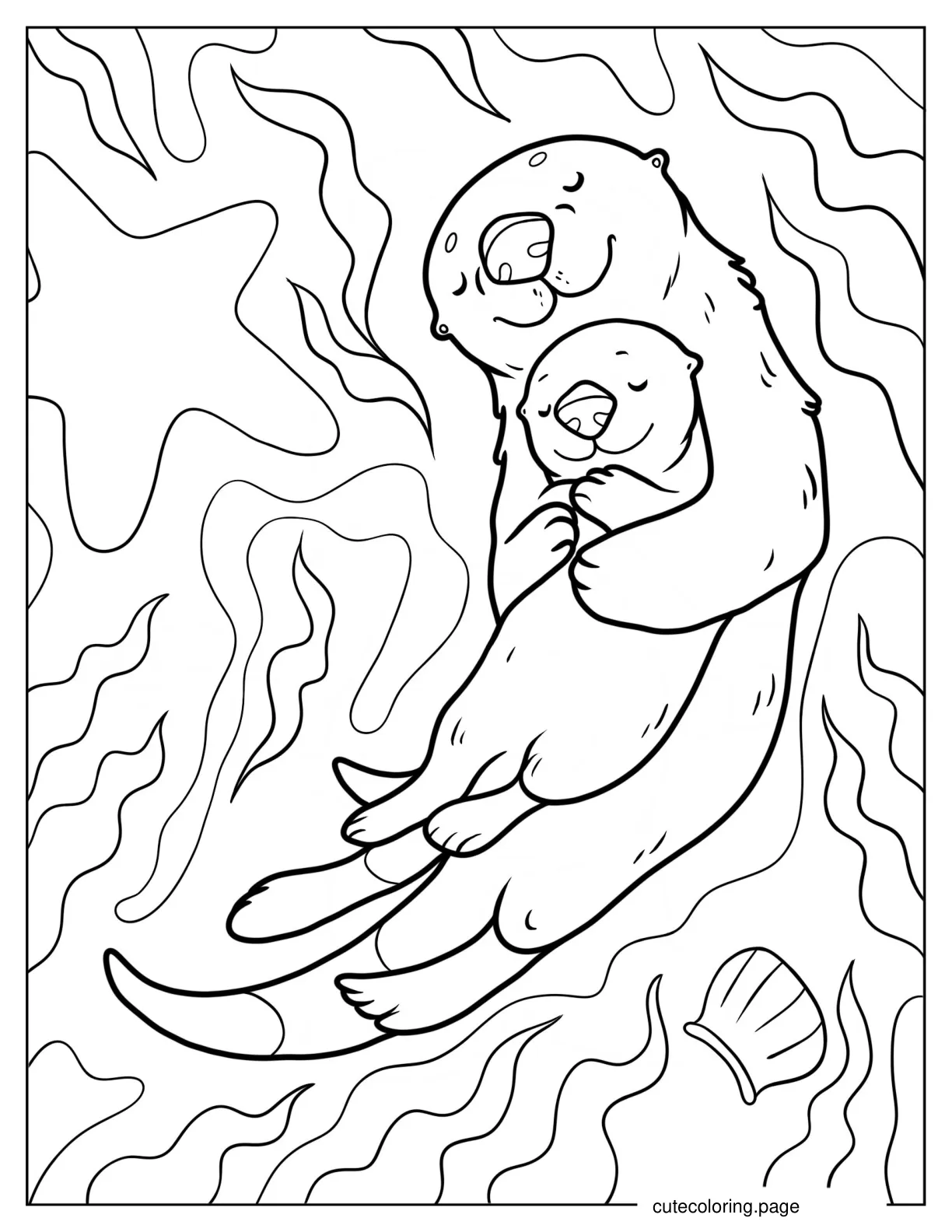 Baby Otter Sleeping On Top Of Mother Otter While Floating coloring page