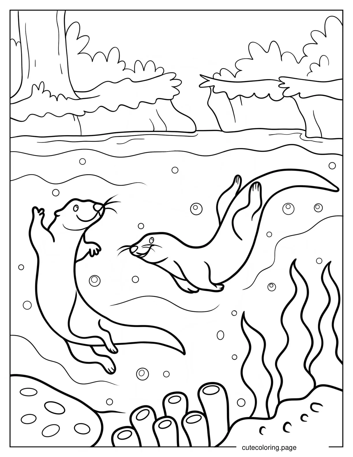 Cartoon Otters Swimming In River Coloring Page For Kids coloring page