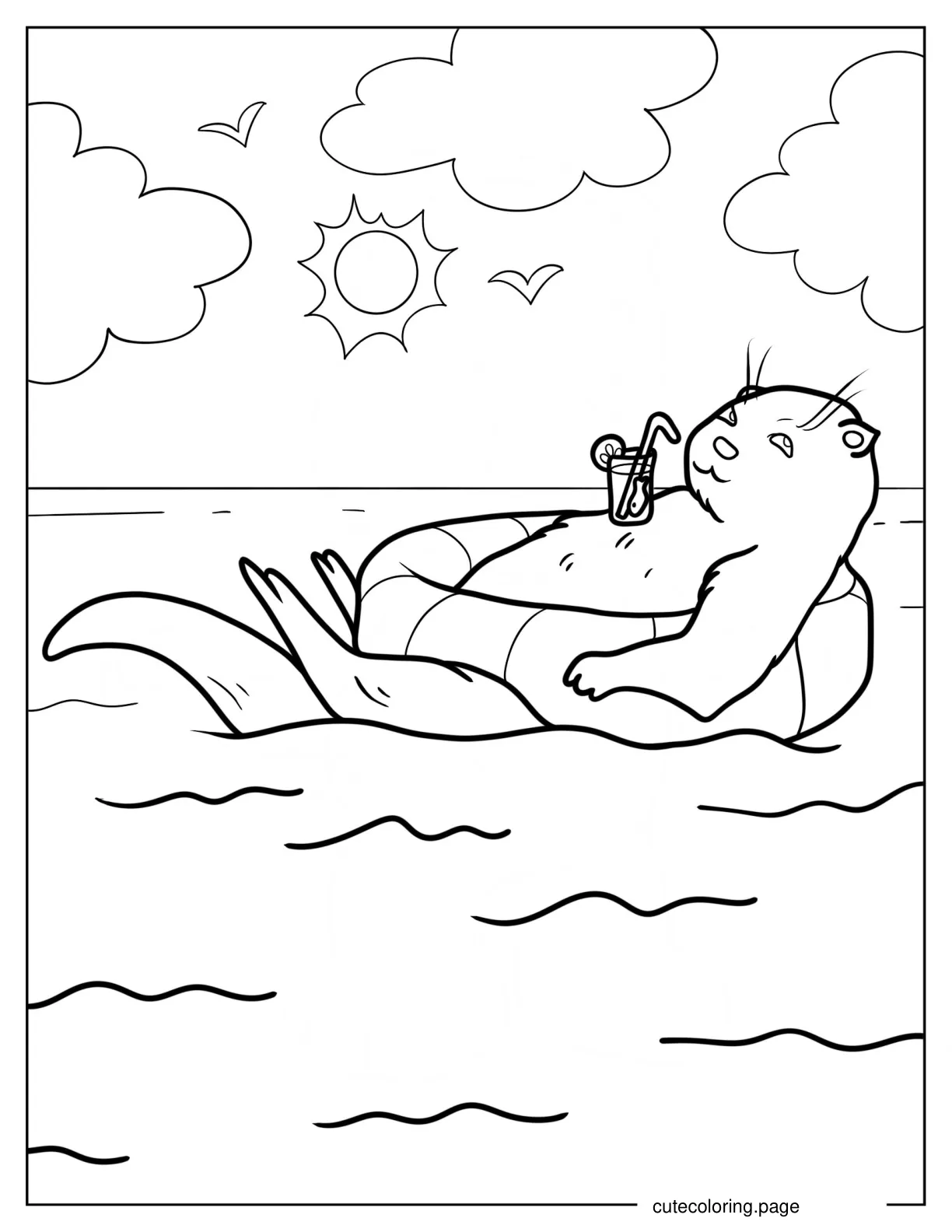 Cute Otter In Floater Drinking Iced Tea At Beach coloring page