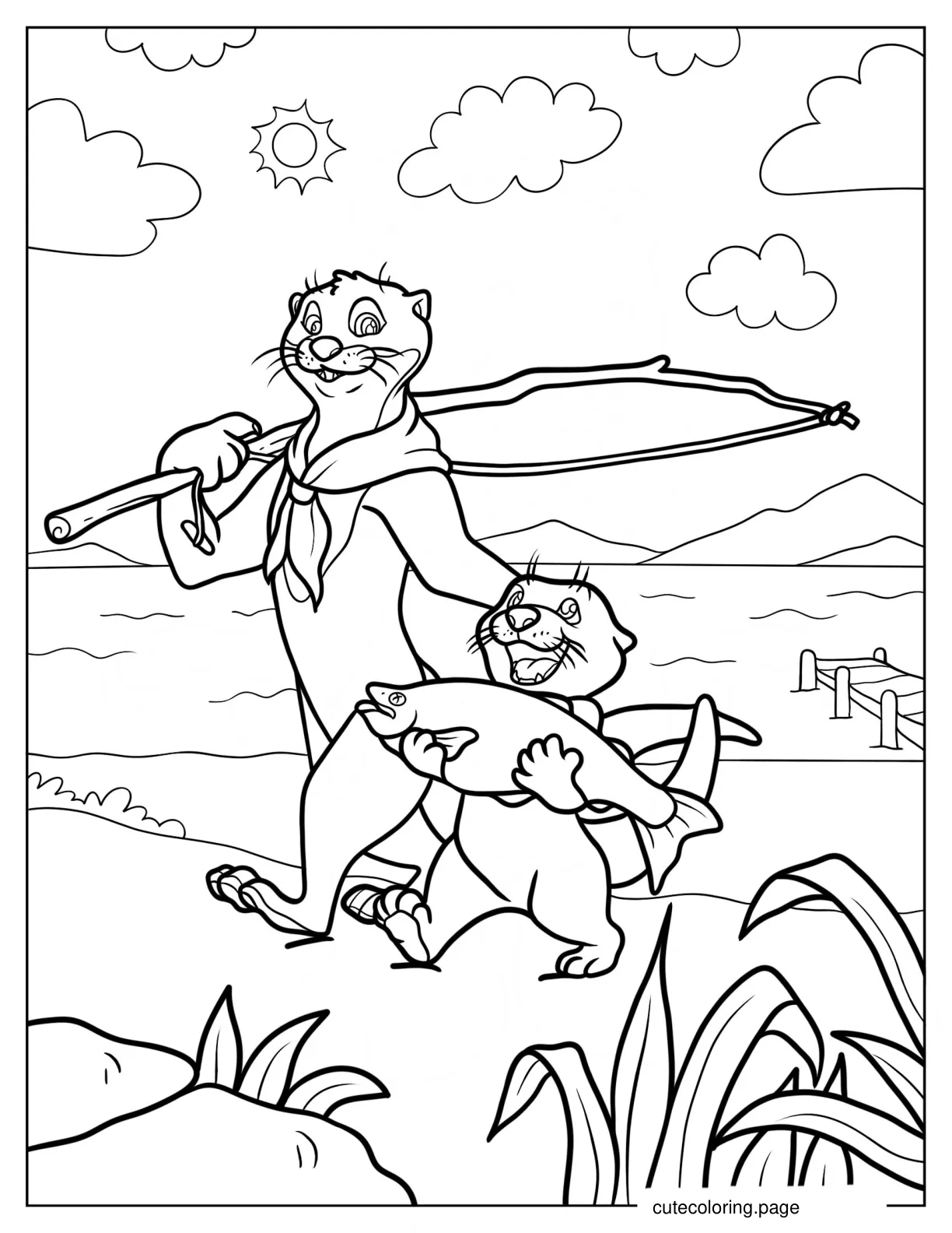 Daddy Otter With Fishing Rod And Baby Otter Carrying Fish coloring page