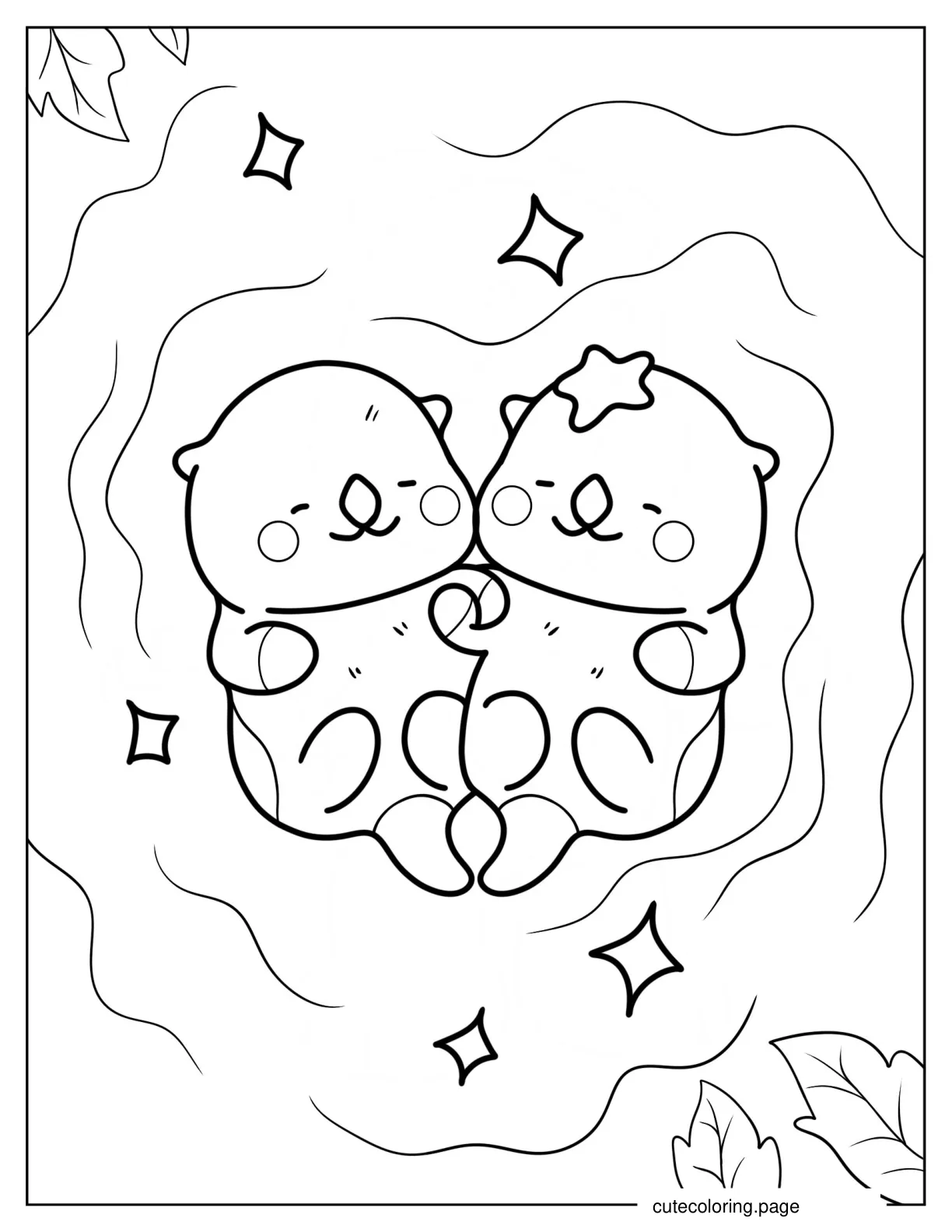 Kawaii Otters Holding Hands While Floating On River Coloring Sheet coloring page