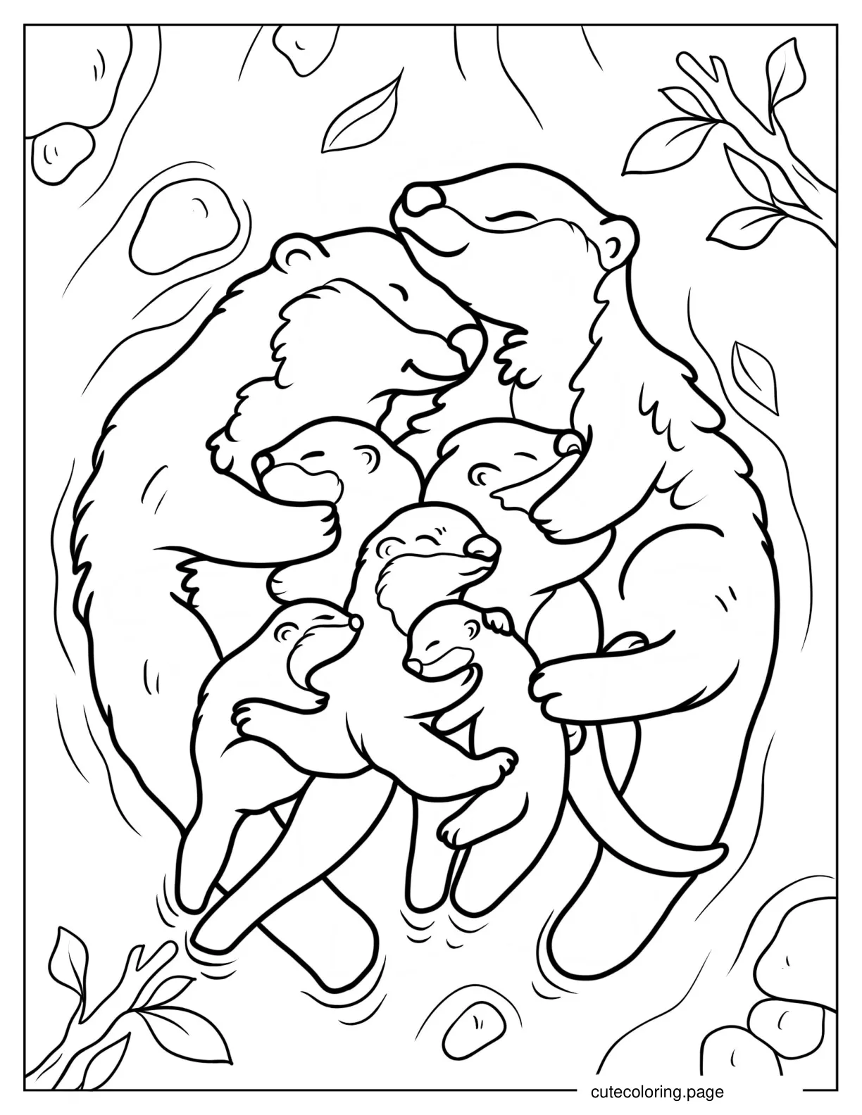 Mama And Papa Otters With Babies Floating On River Coloring Page coloring page