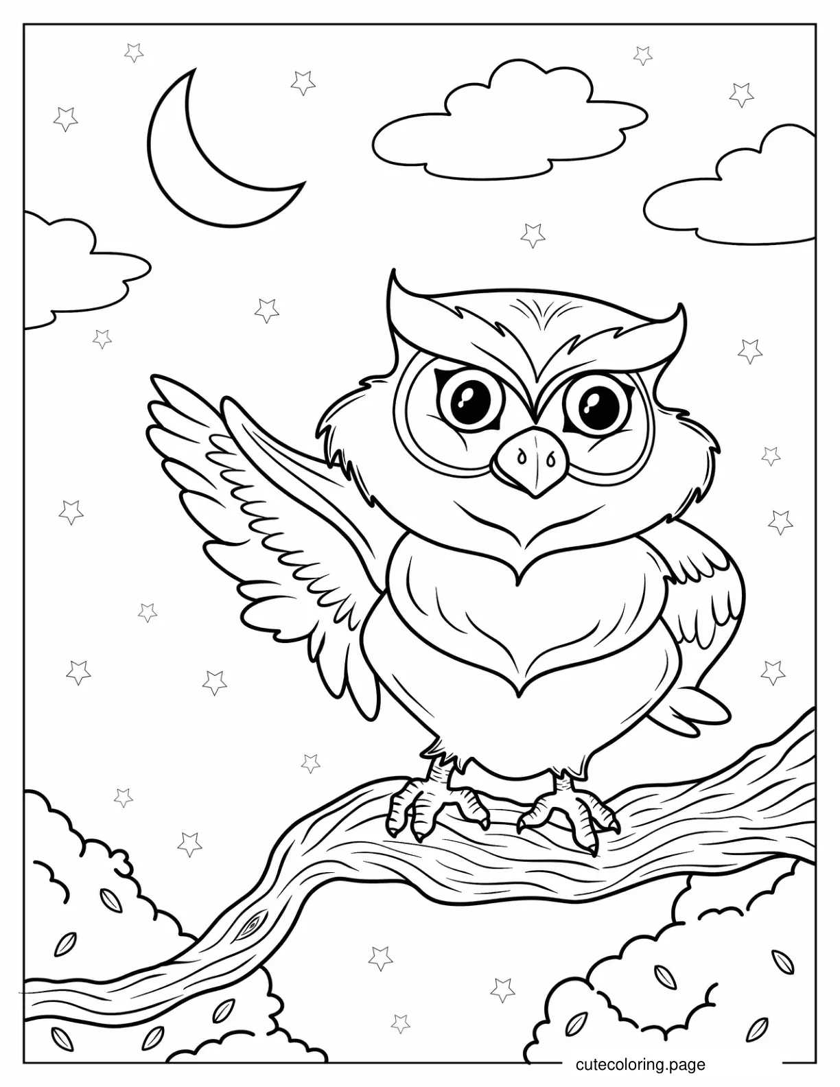 Owl Waving Wing Under The Moon coloring page