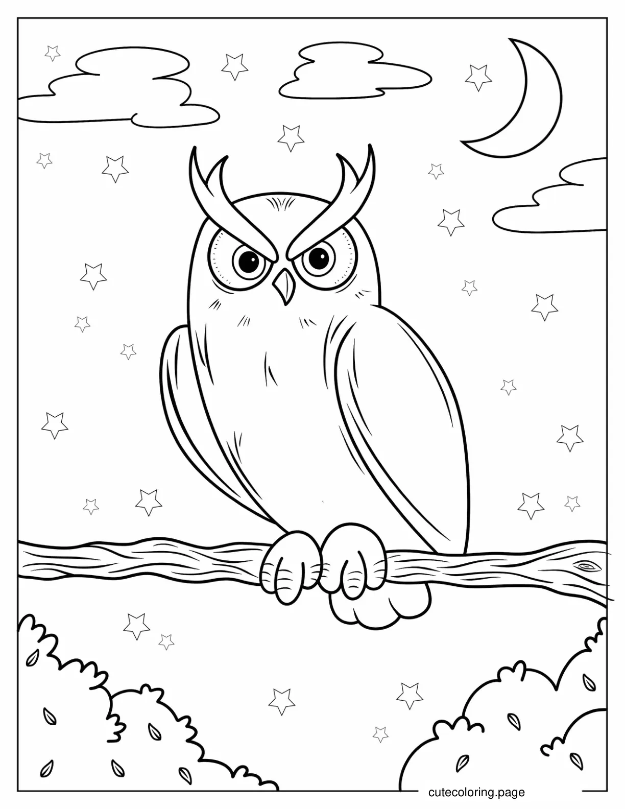 Owl With Intense Eyes Under Starlight coloring page