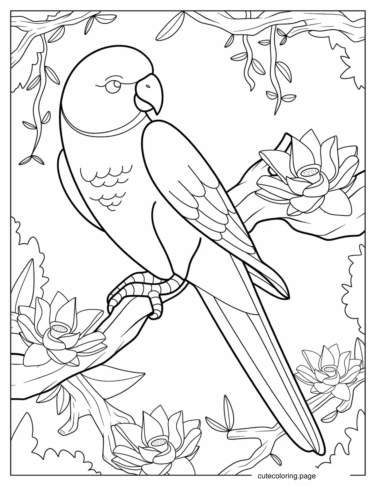 Parrot Sitting On a Tree In Lush Jungle coloring page