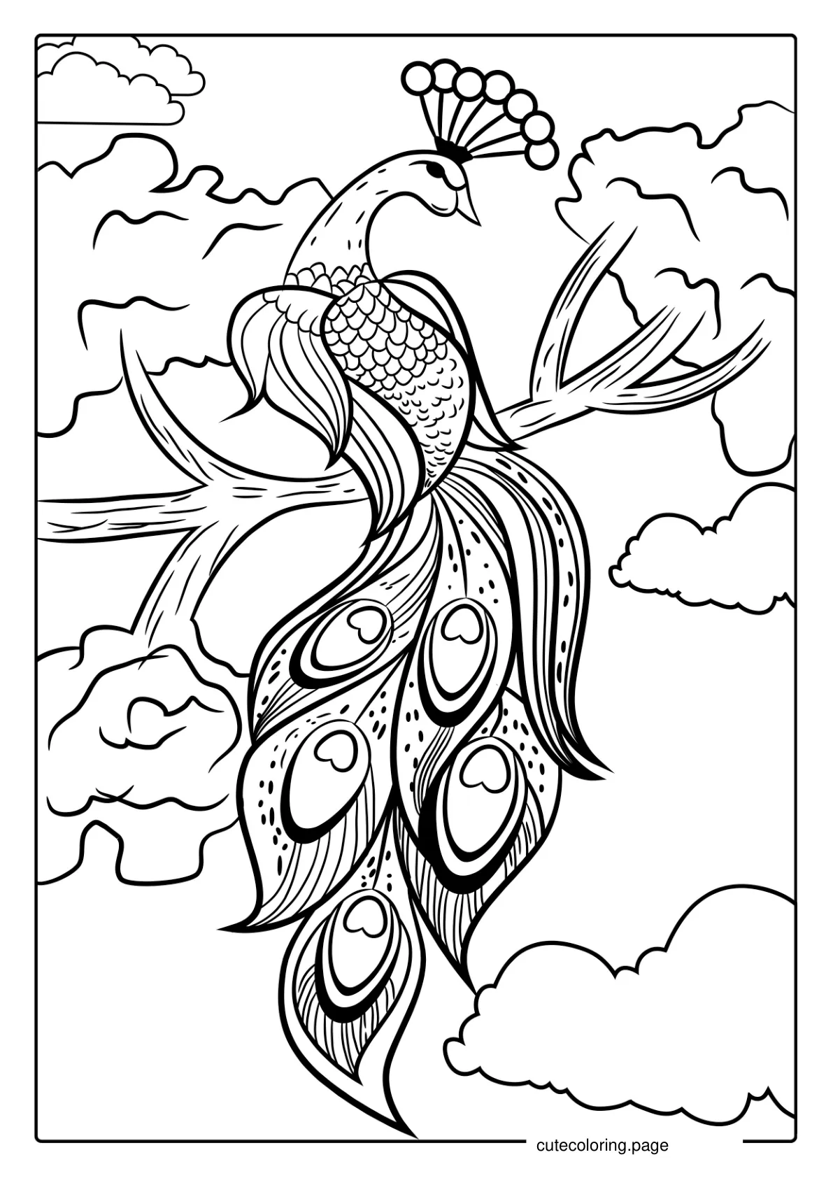 Beautiful Peacock Resting On Branch Coloring coloring page