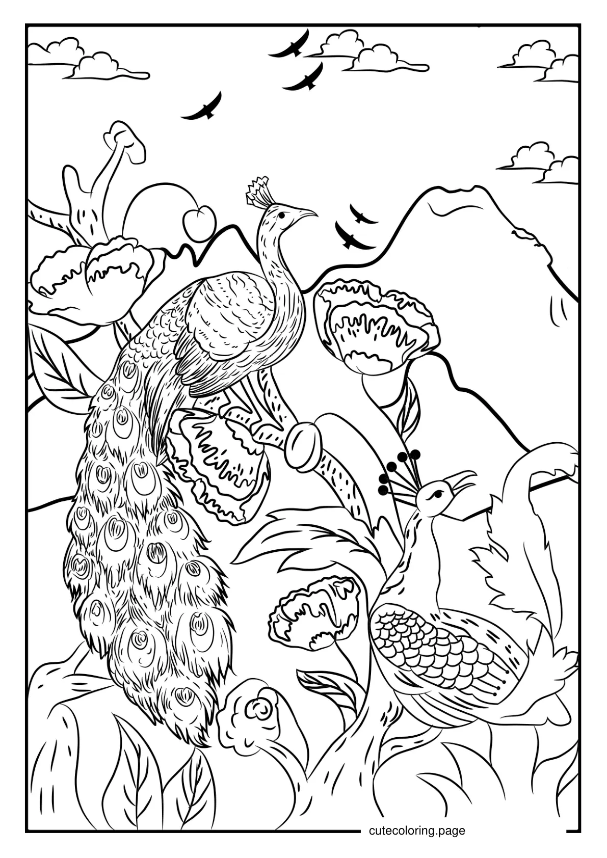 Detailed Peacock With Mountains Coloring coloring page