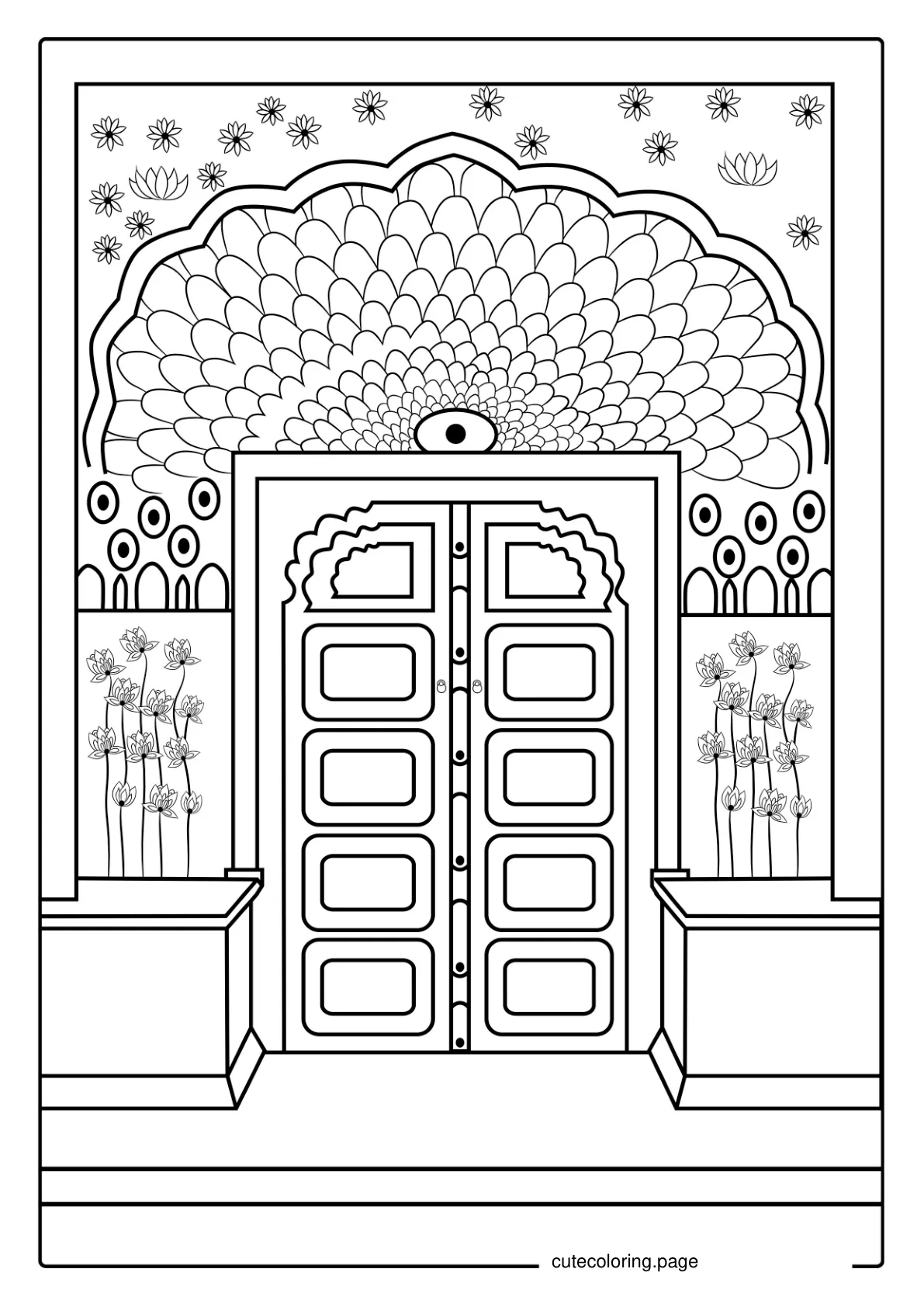 Mandala Peacock Inspired Door Entrance For Adults coloring page