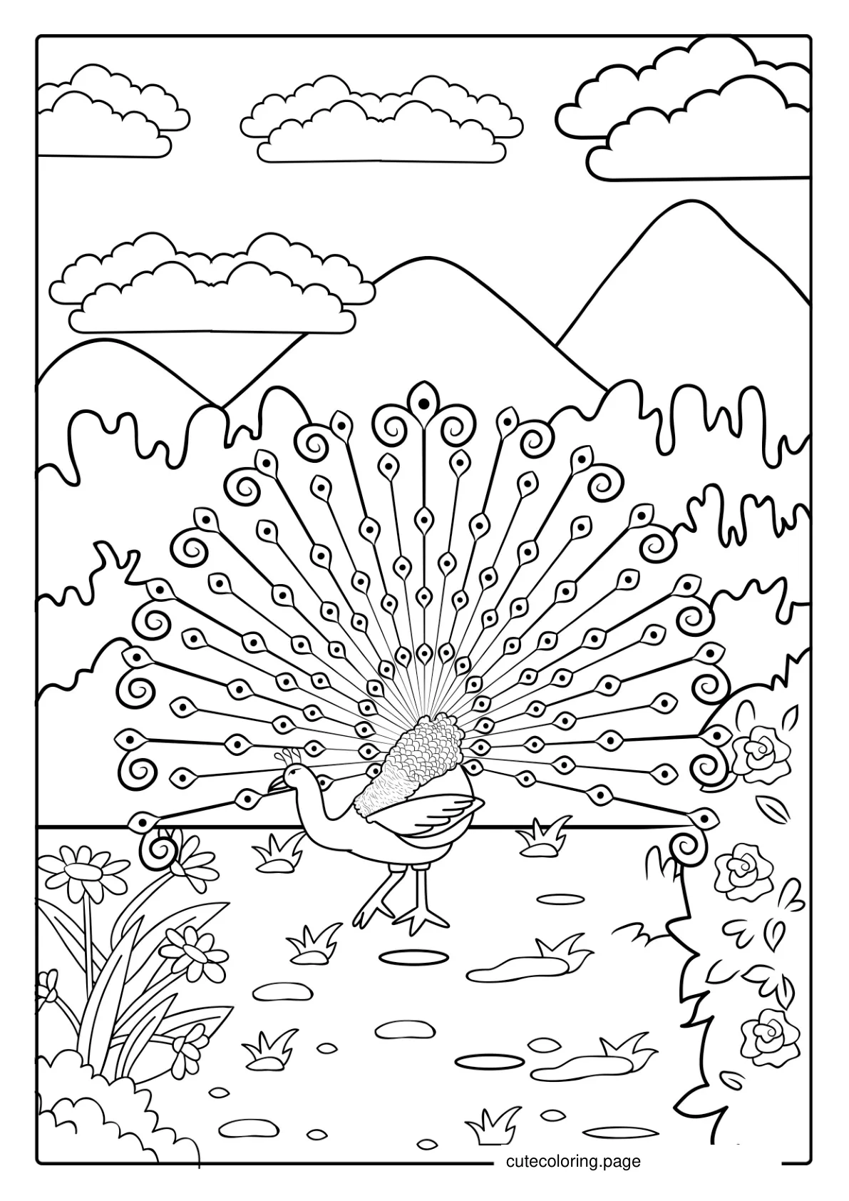 Peacock Finding Food In Meadow coloring page