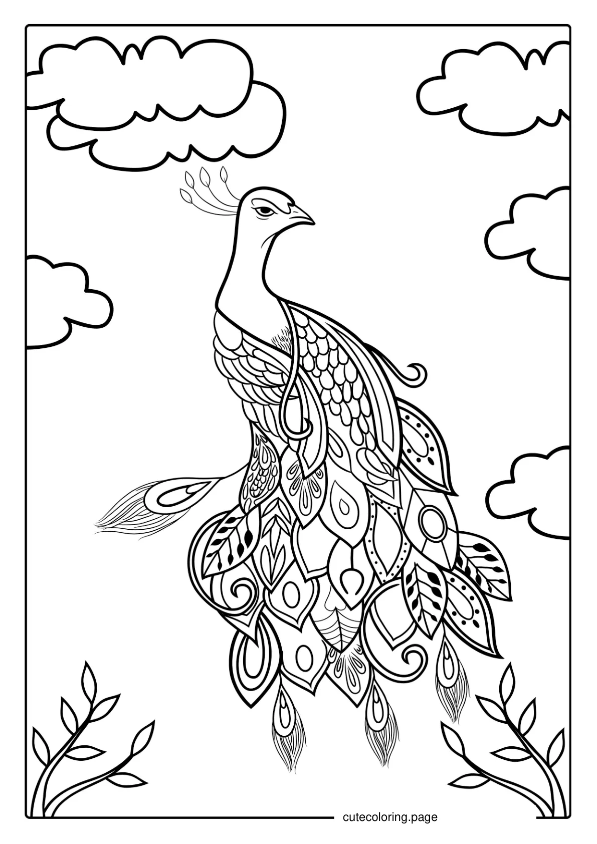 Peacock With Clouds Coloring Sheet coloring page