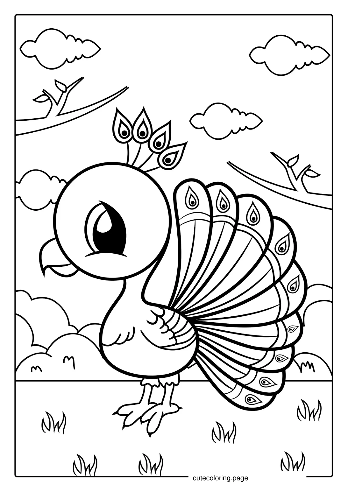 Smiling Cartoon Peacock Coloring Sheet coloring page