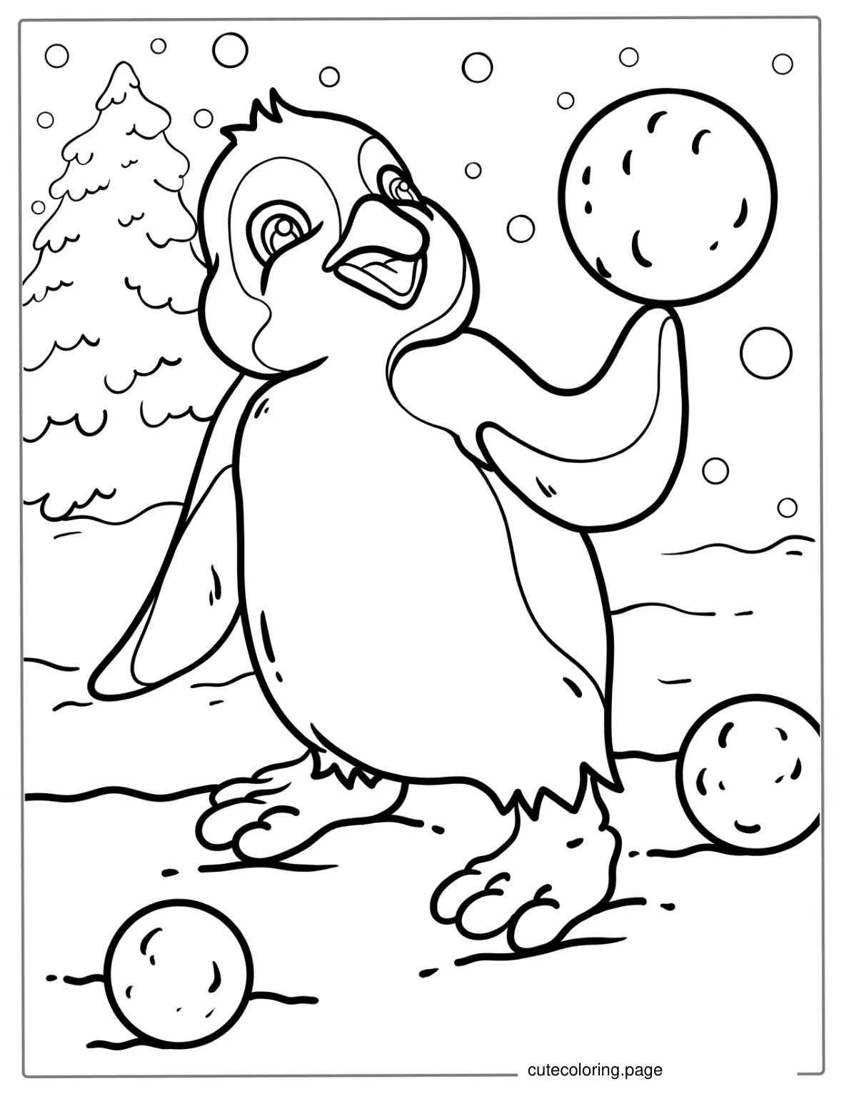 Cute Baby Penguin With Snow Balls Coloring In coloring page