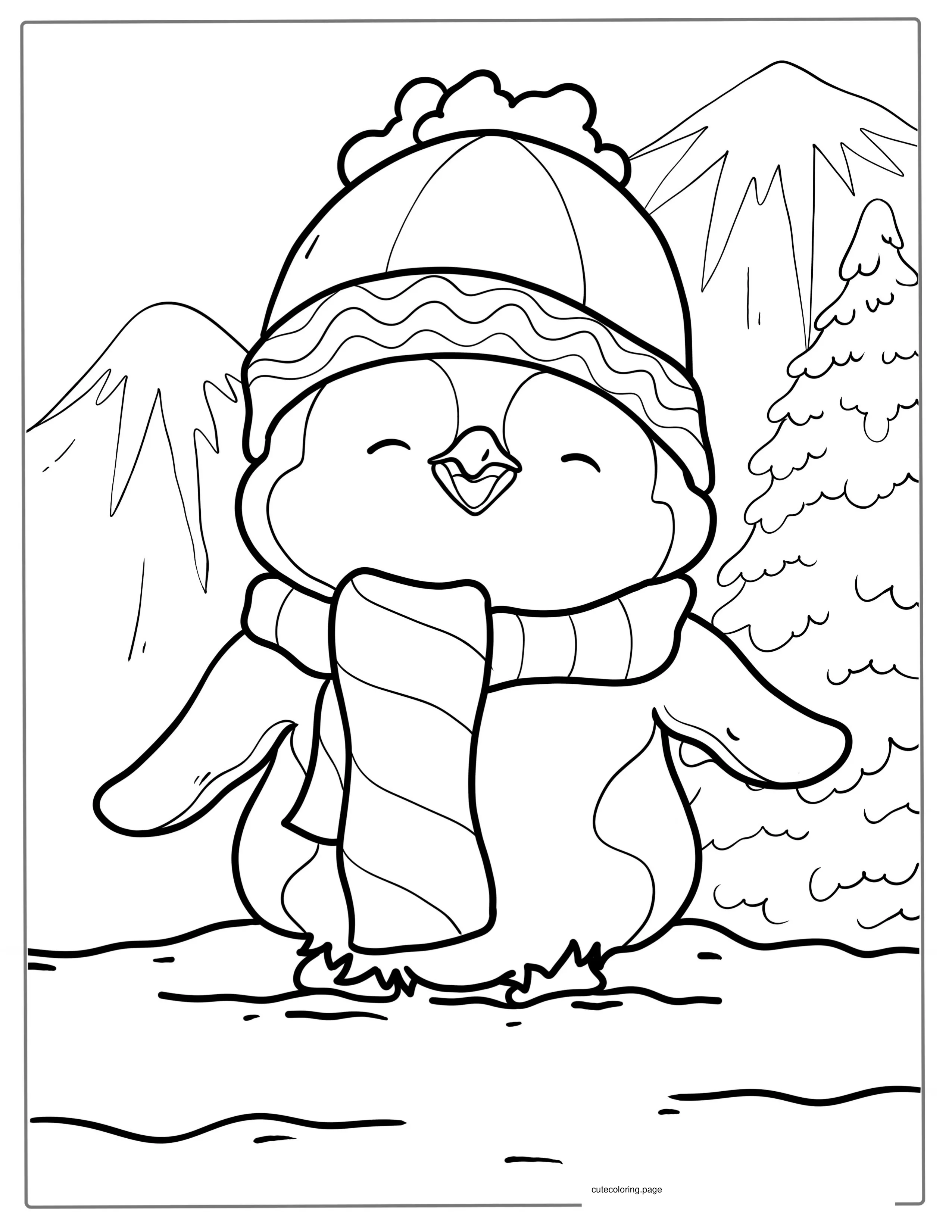 Happy Little Penguin Wearing Scarf Coloring In coloring page