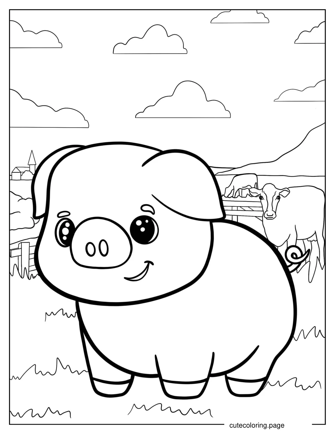 Adorable Kawaii Pig With Cows On a Farm coloring page